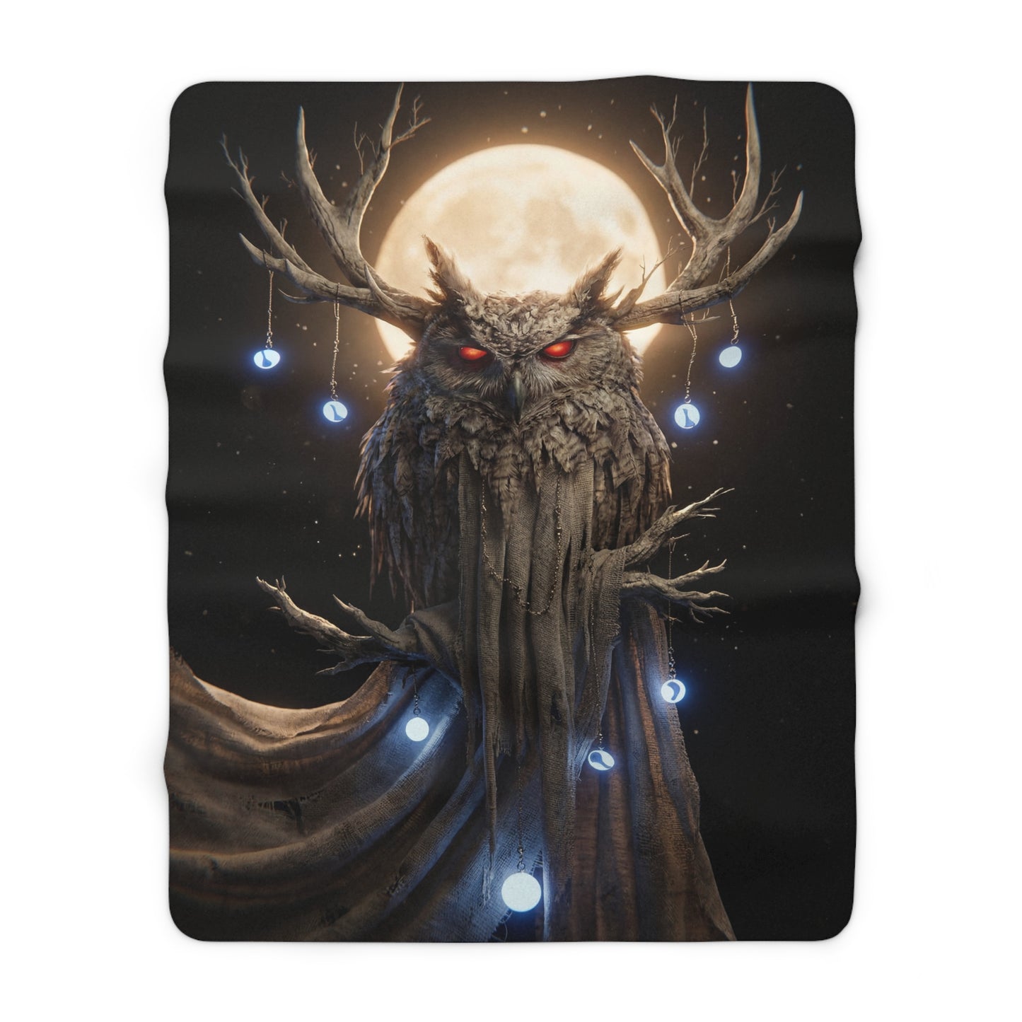 Moonlit Owl Sentinel Sherpa Fleece Blanket – Red-Eyed Guardian with Antlers and Blue Spheres