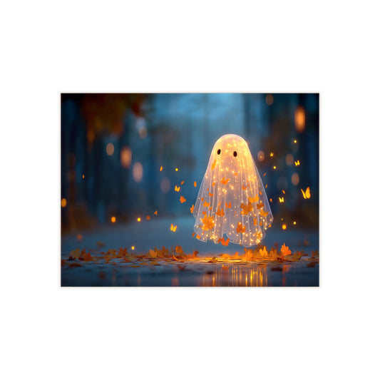 Gentle Ghost with Autumn Leaves Ceramic Photo Tile – Whimsical Twilight Spirit