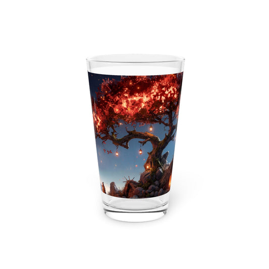 Whispering Ember Tree Pint Glass, 16oz – Moonlit Sanctuary Under Crimson Canopy