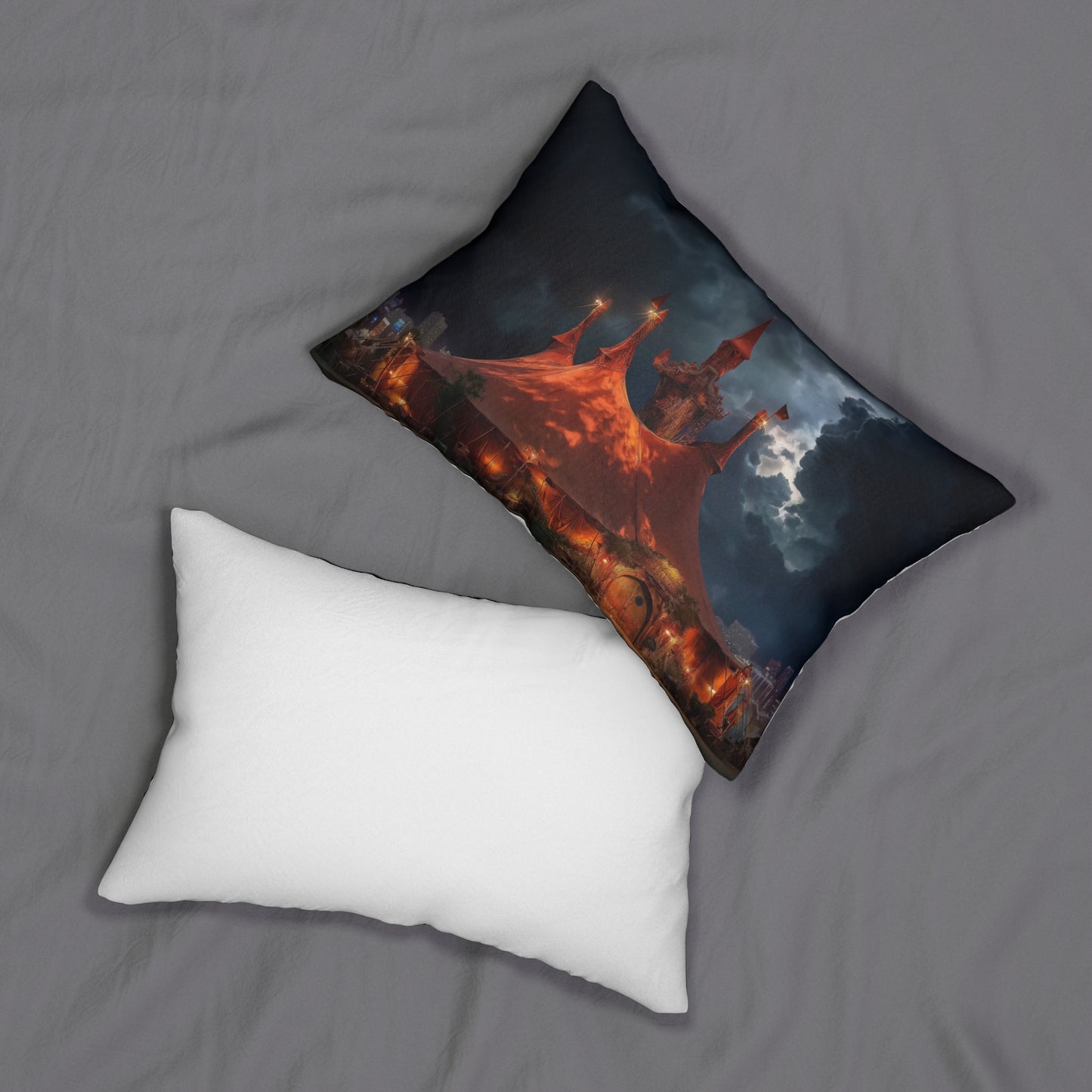 Crimson Circus Tent Lumbar Pillow – City Skyline Under Stormy Stars