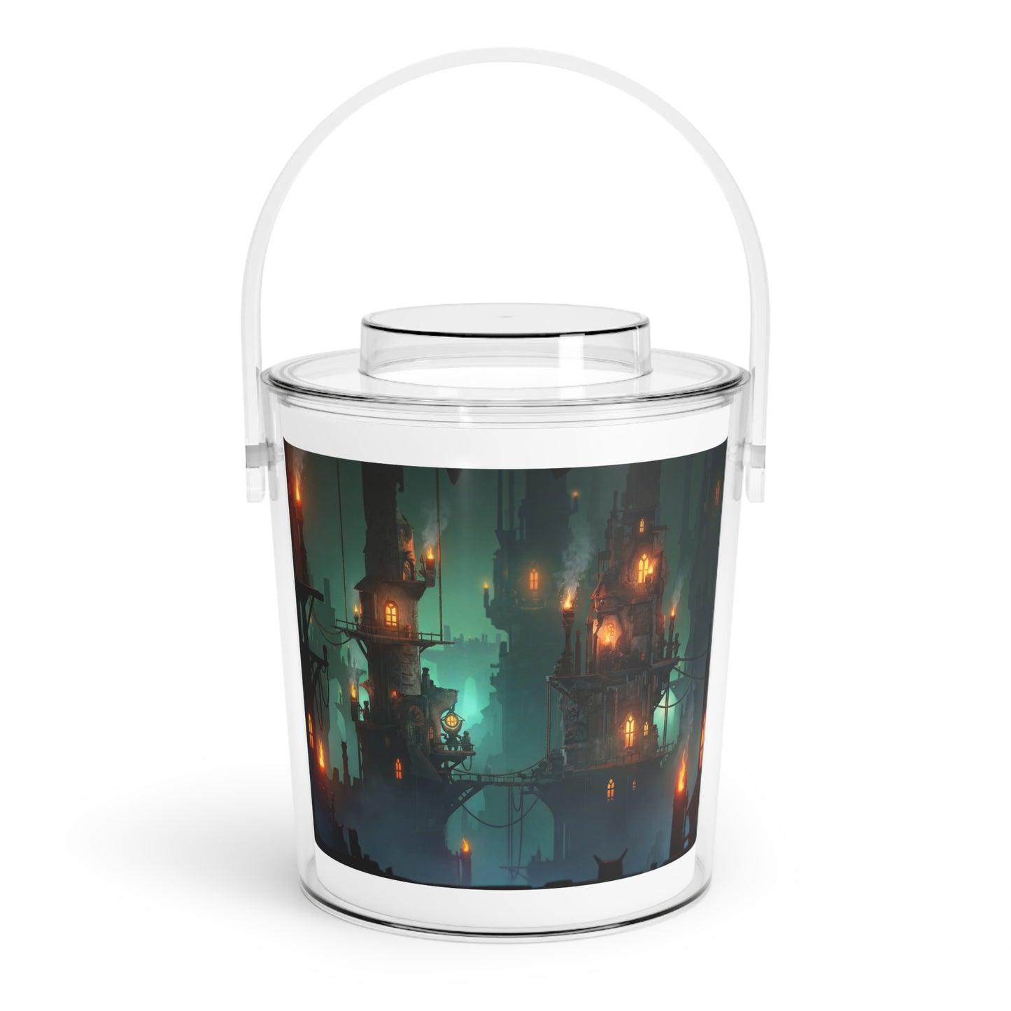 Floating City at Dusk Ice Bucket with Tongs – Amber Lights in Misty Skies
