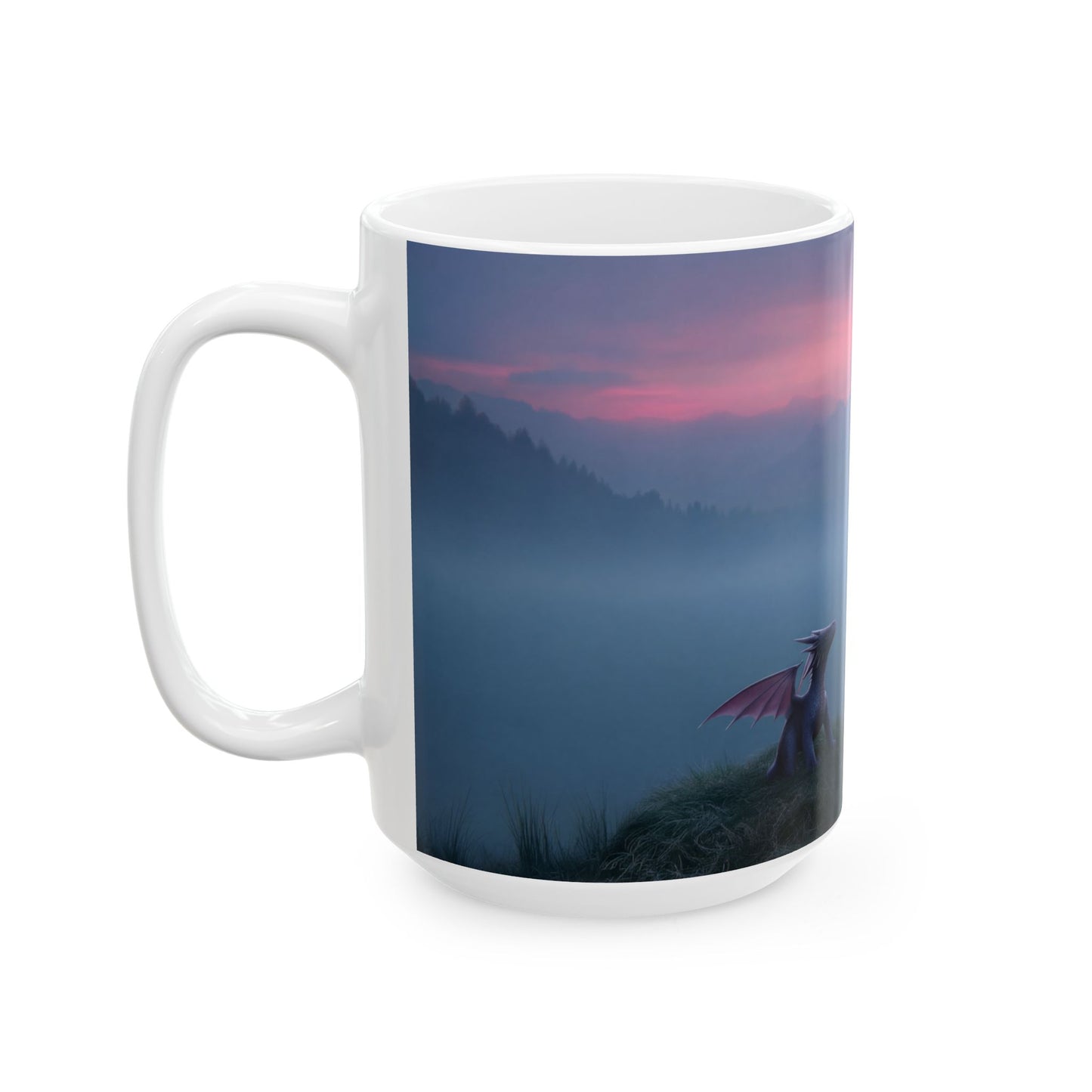 Warrior and Dragon Sunset Mug – Twilight Vigil on the Mountain Ridge