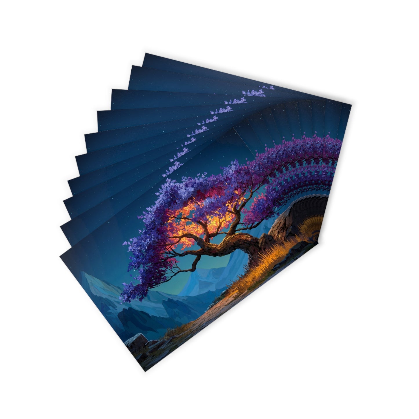 Starlit Twilight Tree Postcards (10pcs) – A Celestial Bloom Against Snow-Capped Peaks
