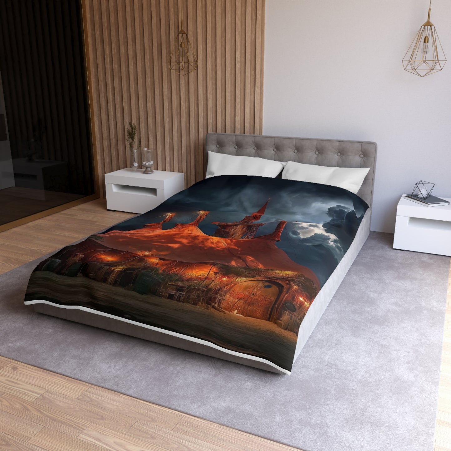 Crimson Carnival Tent Duvet Cover – City Lights Under Stormy Skies