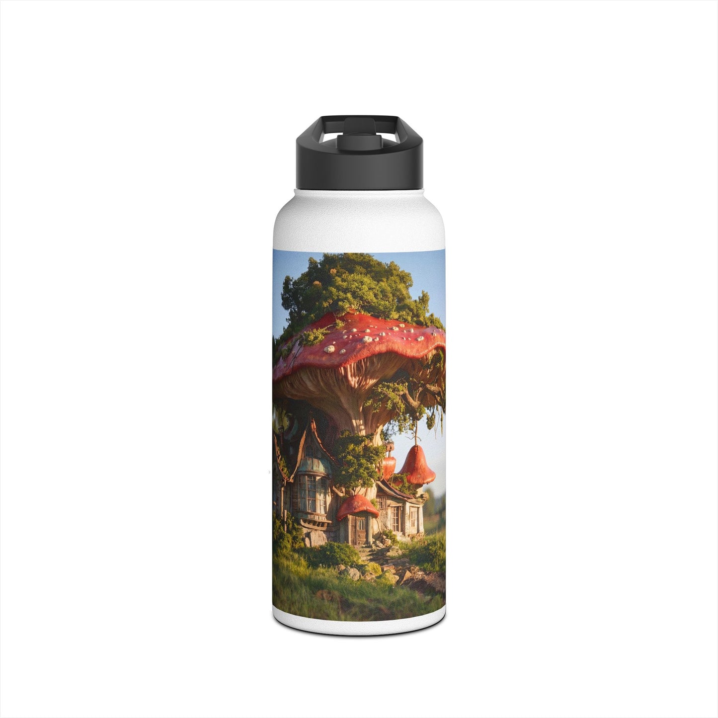 Mushroom Cottage Water Bottle – Red Cap Sanctuary in the Meadow