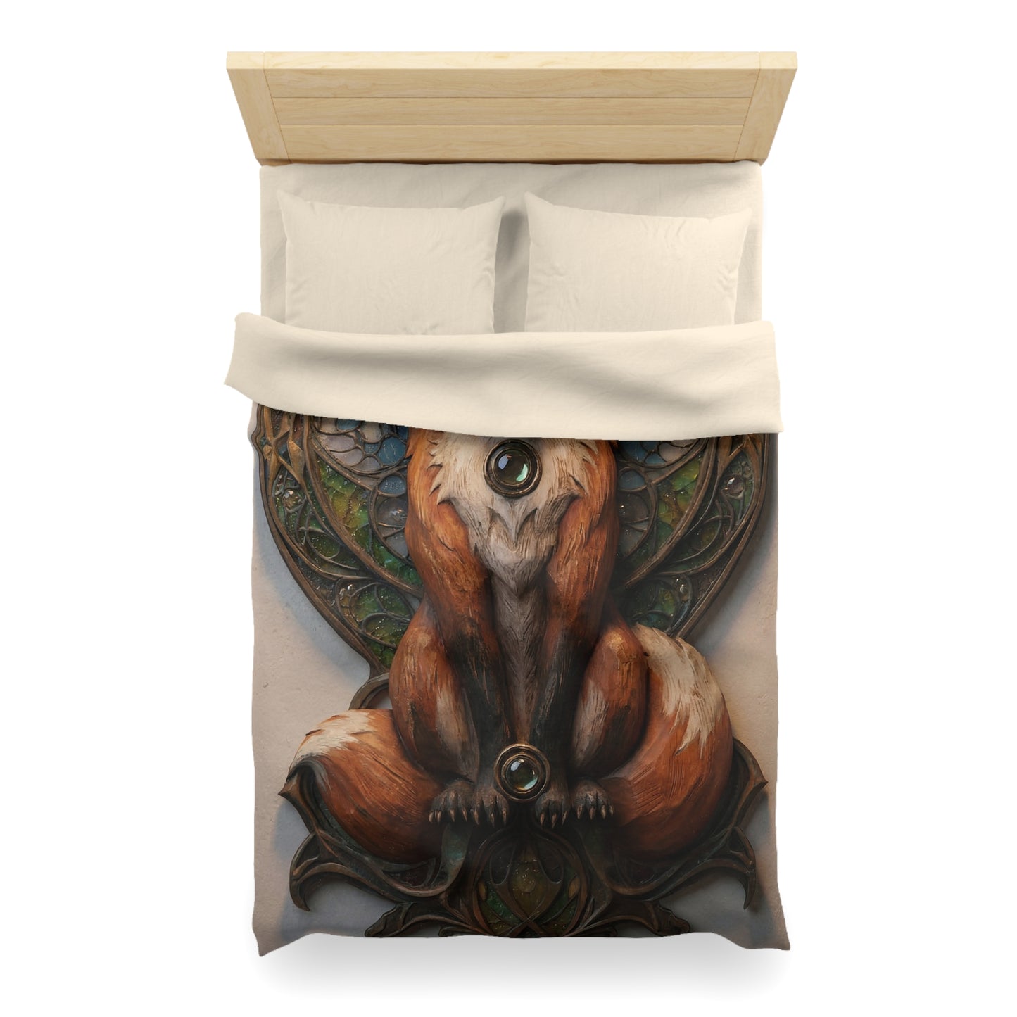 Fox Sentinel Microfiber Duvet Cover – Warm Amber Guardian in Stained Glass