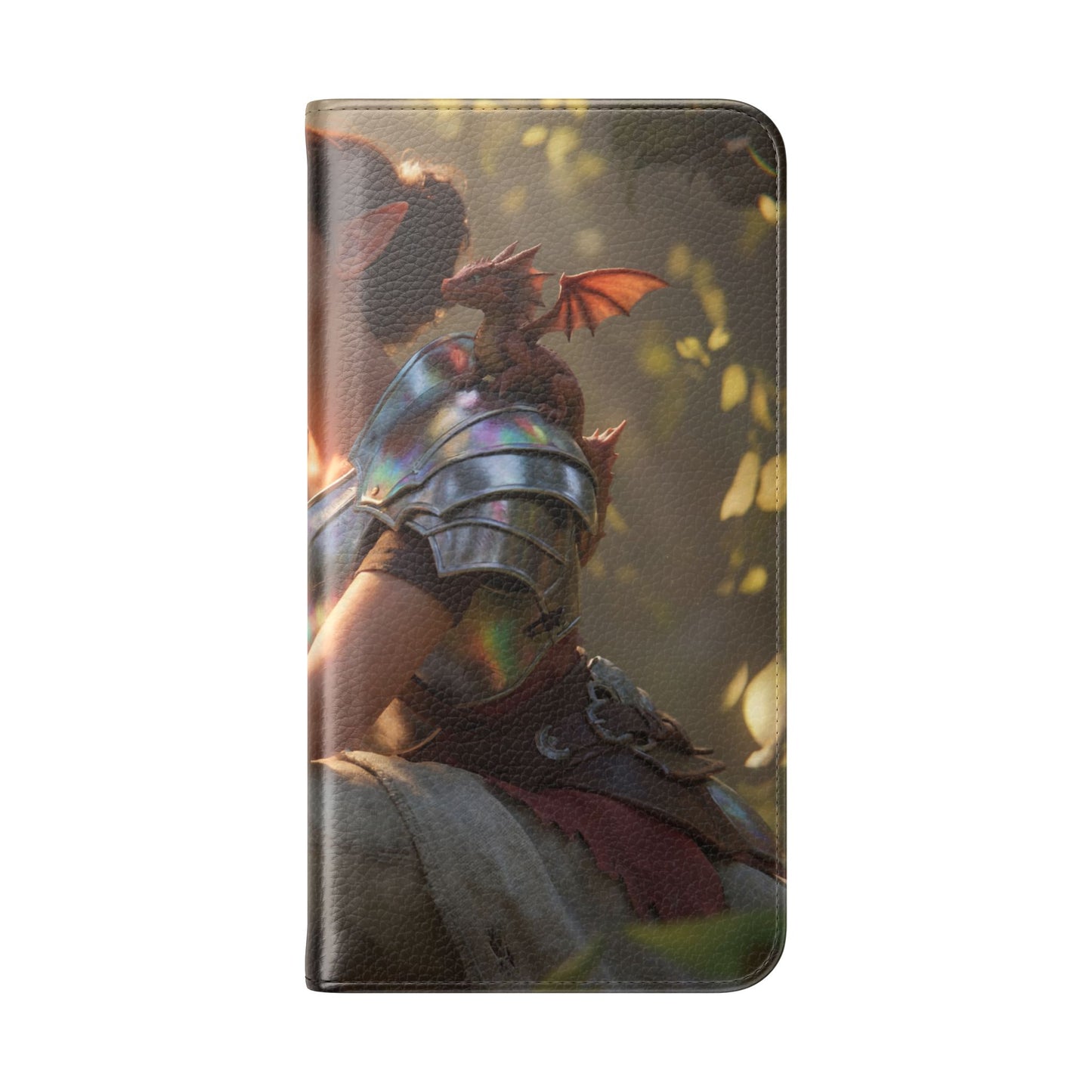 Elven Knight with Dragon Flip Cases – Iridescent Armor & Tiny Guardian Portrait