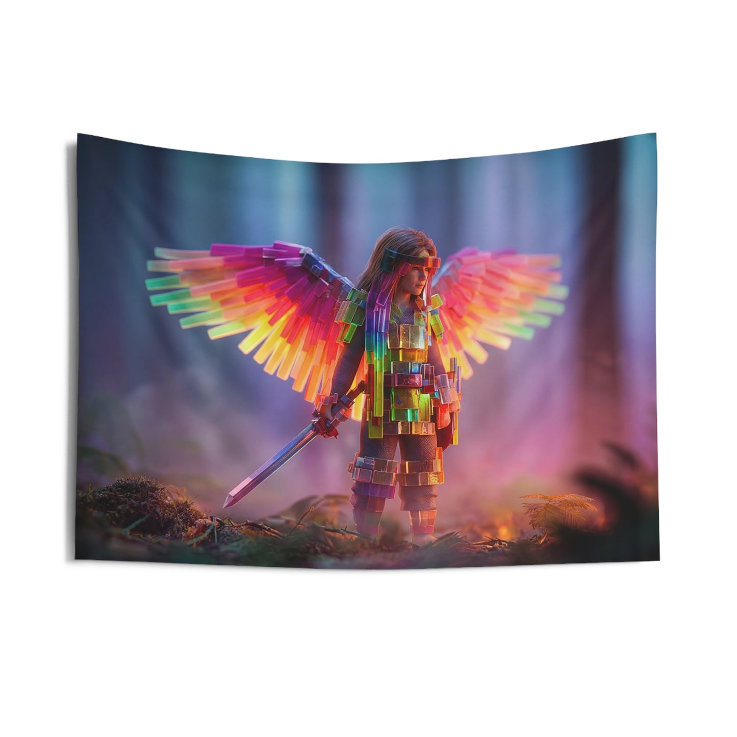 Chromatic Winged Sentinel Indoor Wall Tapestries – Prism Warrior in Twilight Grove