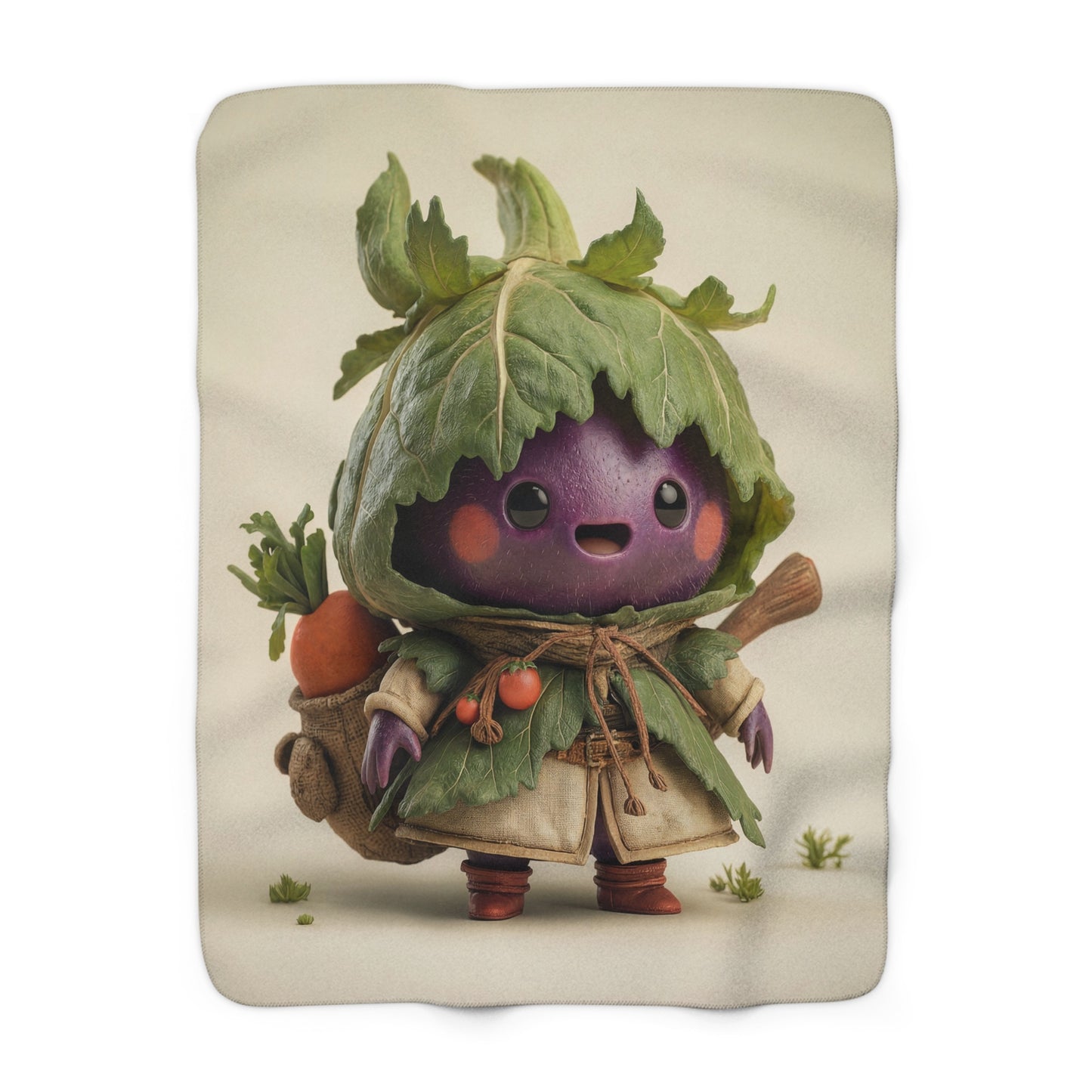 Veggie Knight Sherpa Fleece Blanket – Purple Eggplant Guardian with Carrot Satchel