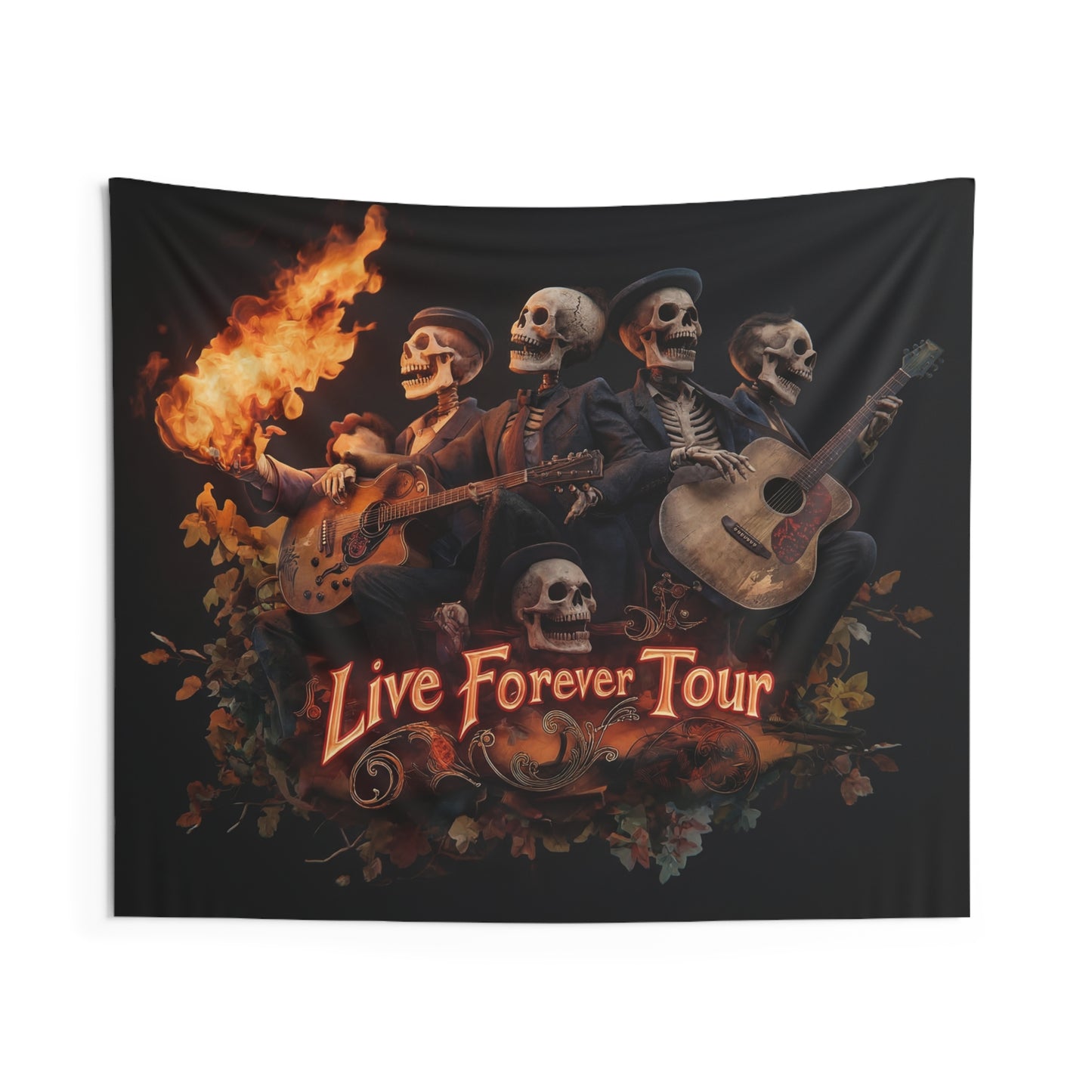 Skeleton Band Live Forever Tour Indoor Wall Tapestries – Fiery Guitarists in Velvet Shadows