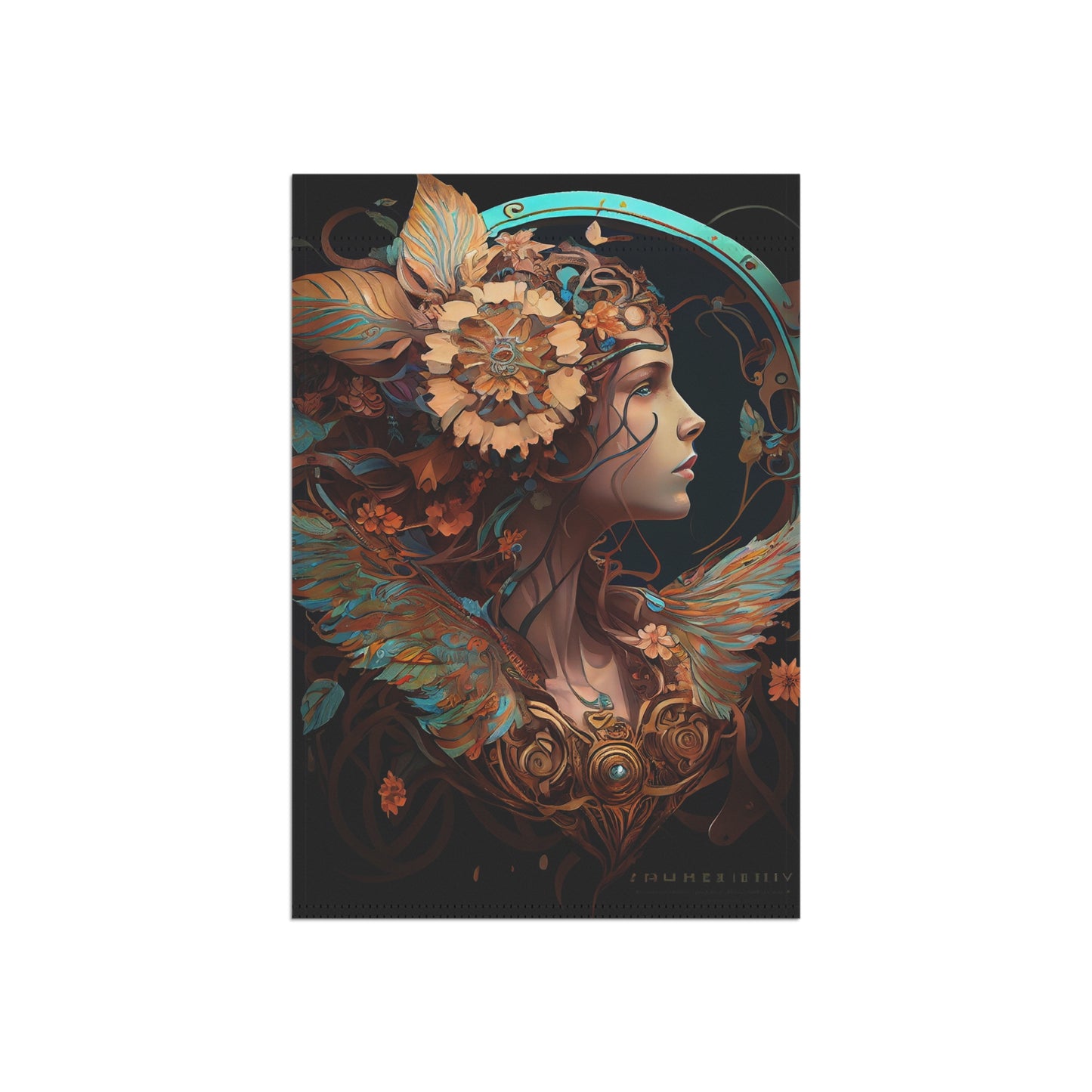 product design, psychedelic, dmt, self-transforming steampunk machine oracle elves, chrysanthemum, art nouveau, alphonse mucha - Garden & House Banner