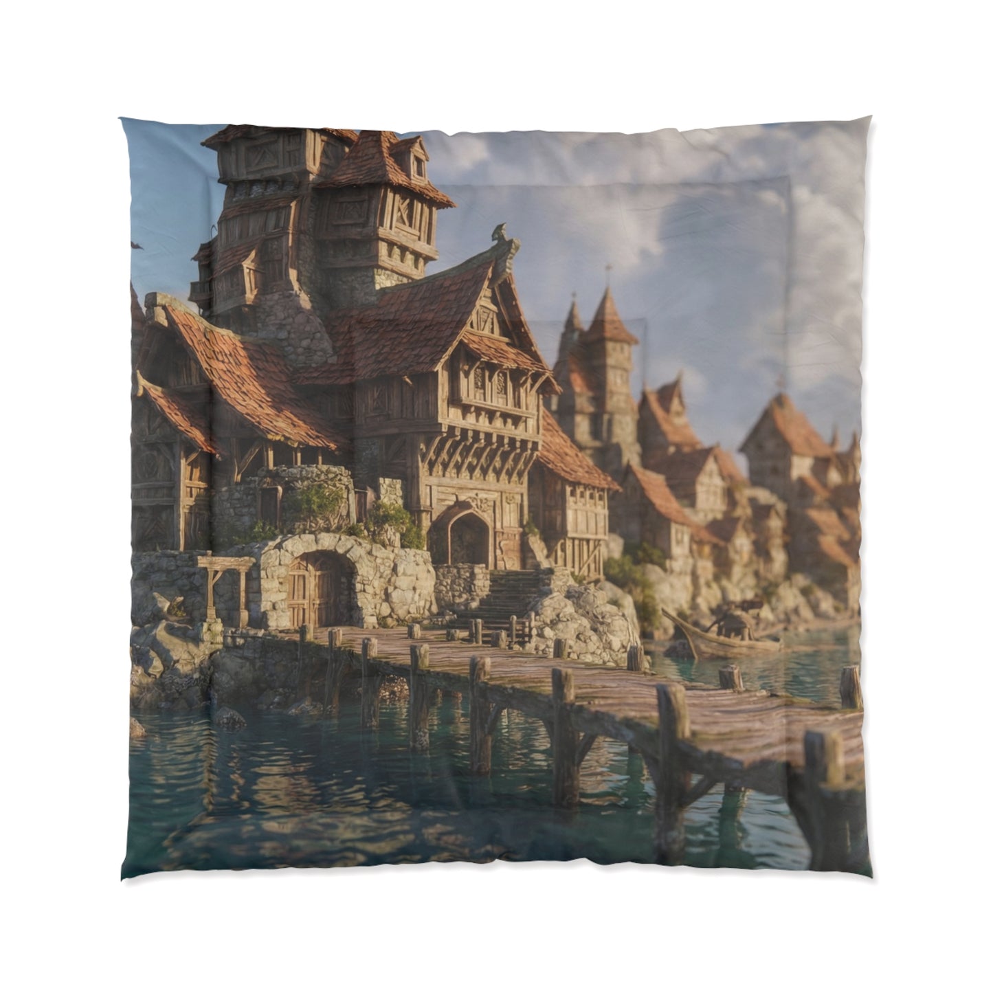 Harbor’s Edge Comforter – Sunlit Viking Village Dreamscape