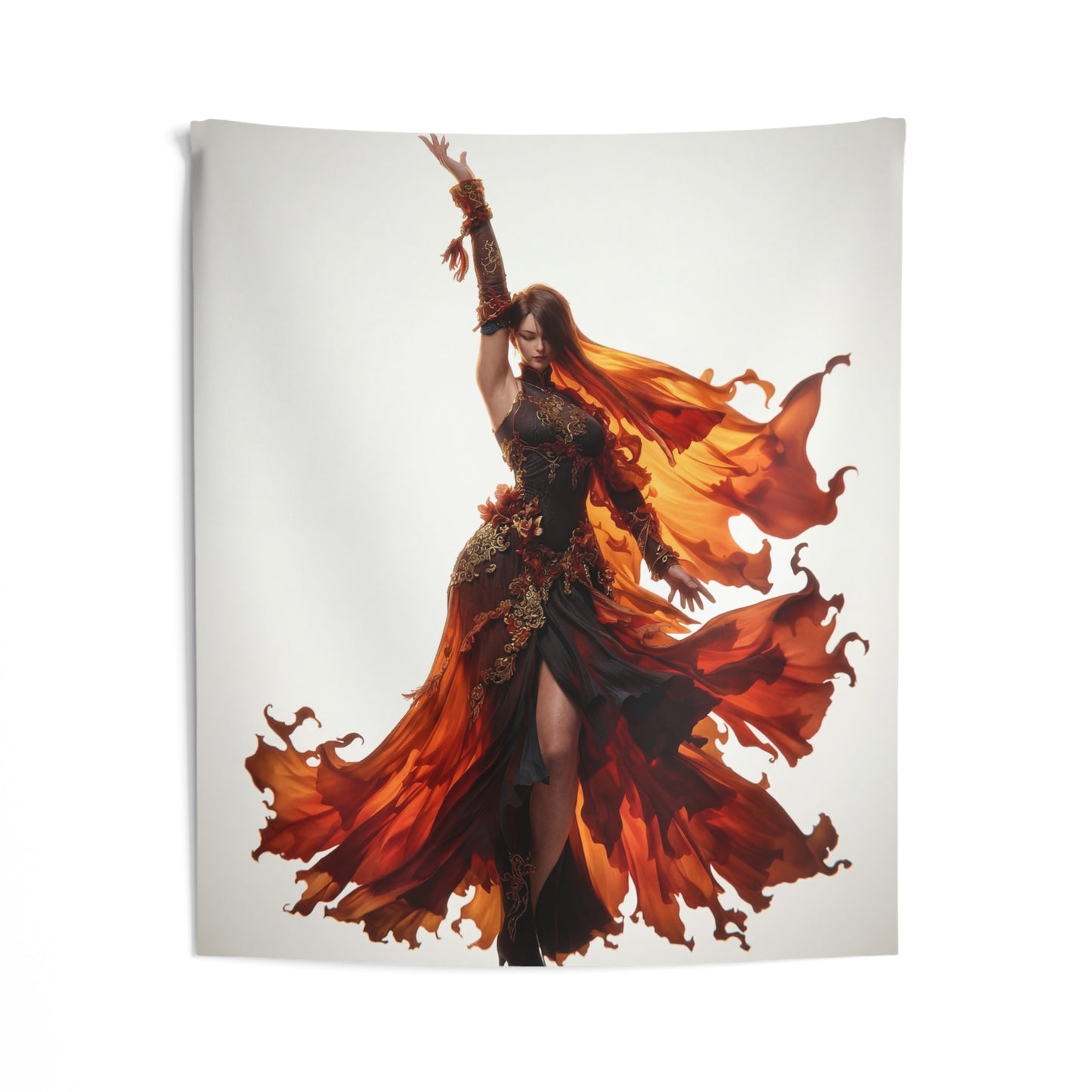 Flame-Dancer Goddess Indoor Wall Tapestries – Crimson Whirlwind Grace