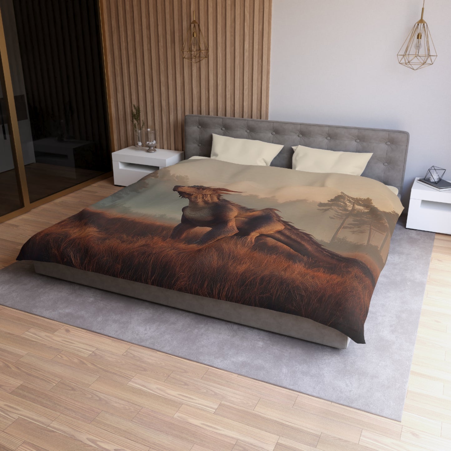 Misty Forest Dragon Microfiber Duvet Cover – Golden Dawn Guardian