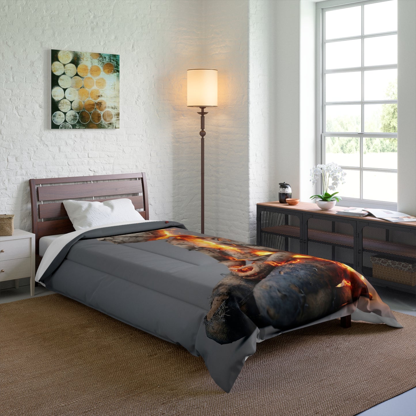 Fiery Awakening Comforter – Crumpled Paper Figure in Blaze