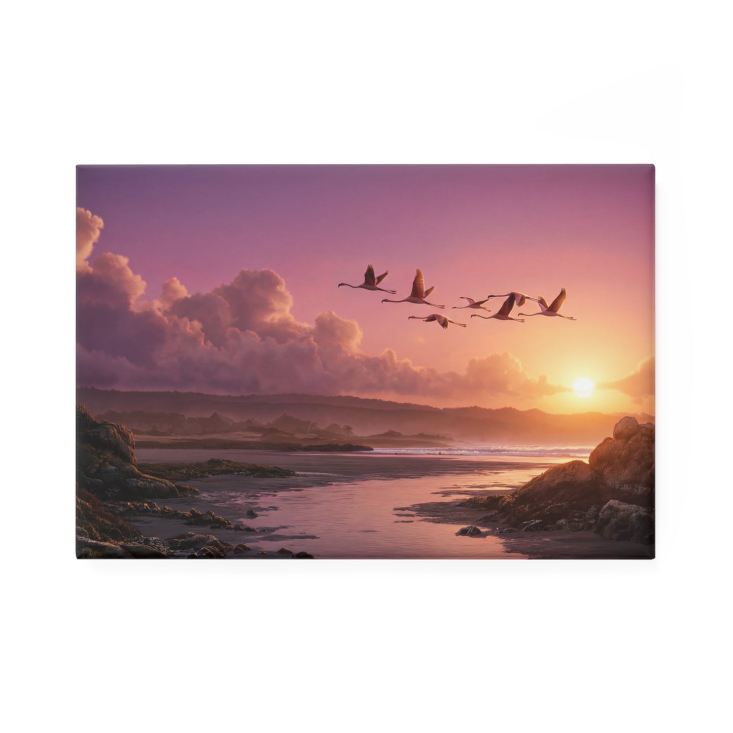 Flamingo Flight Button Magnet, Rectangle (1 & 10 pcs) – Sunset Serenade Over Saltwater Shores