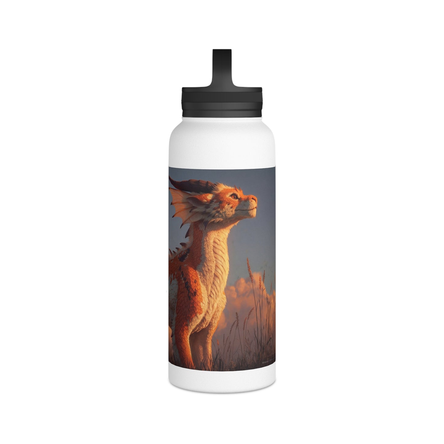 Sunset Guardian Dragon Stainless Steel Water Bottle, Handle Lid – Amber Sky Companion