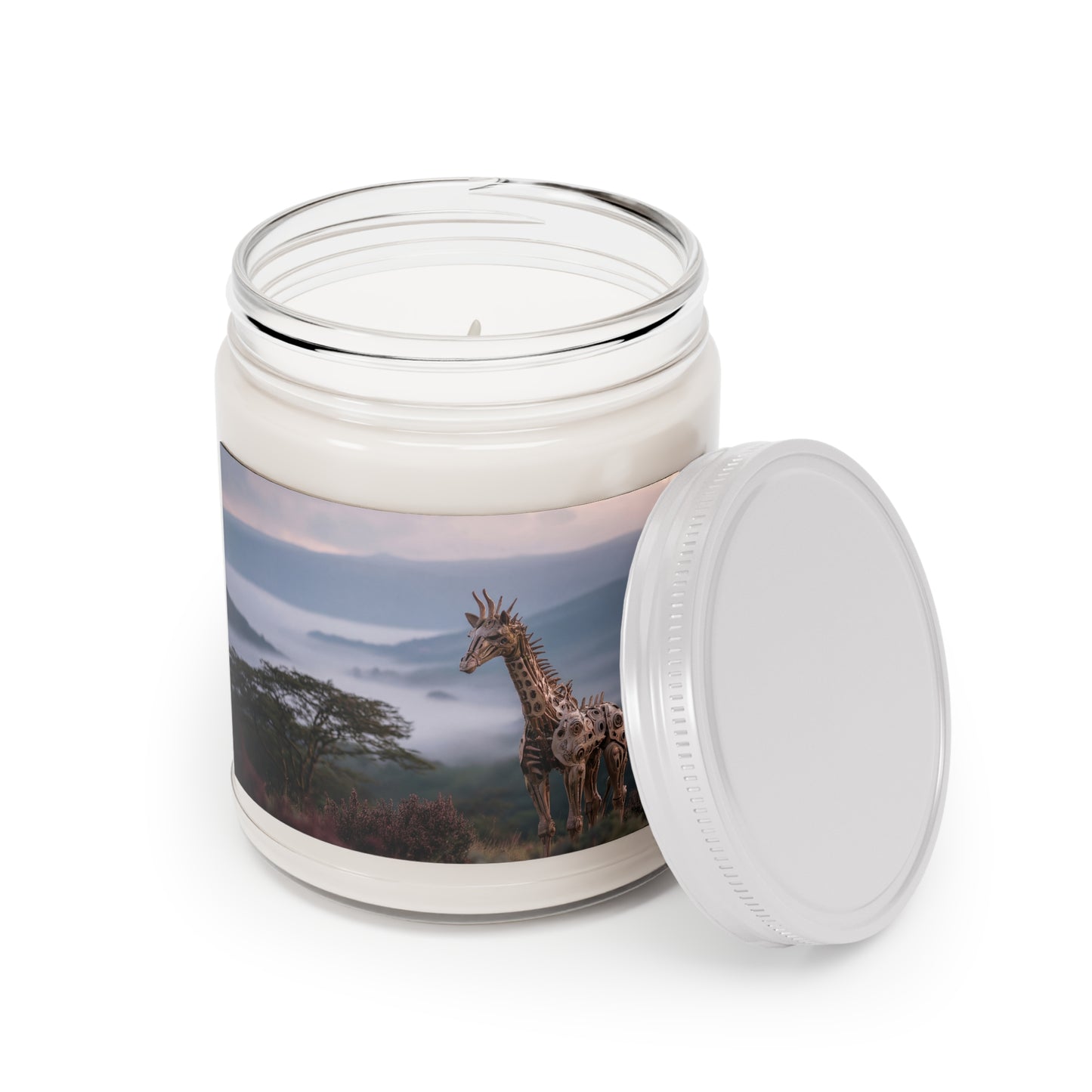 Mechanical Giraffe Scented Soy Candles with White Lid, 9oz – Whispers of the Misty Savannah