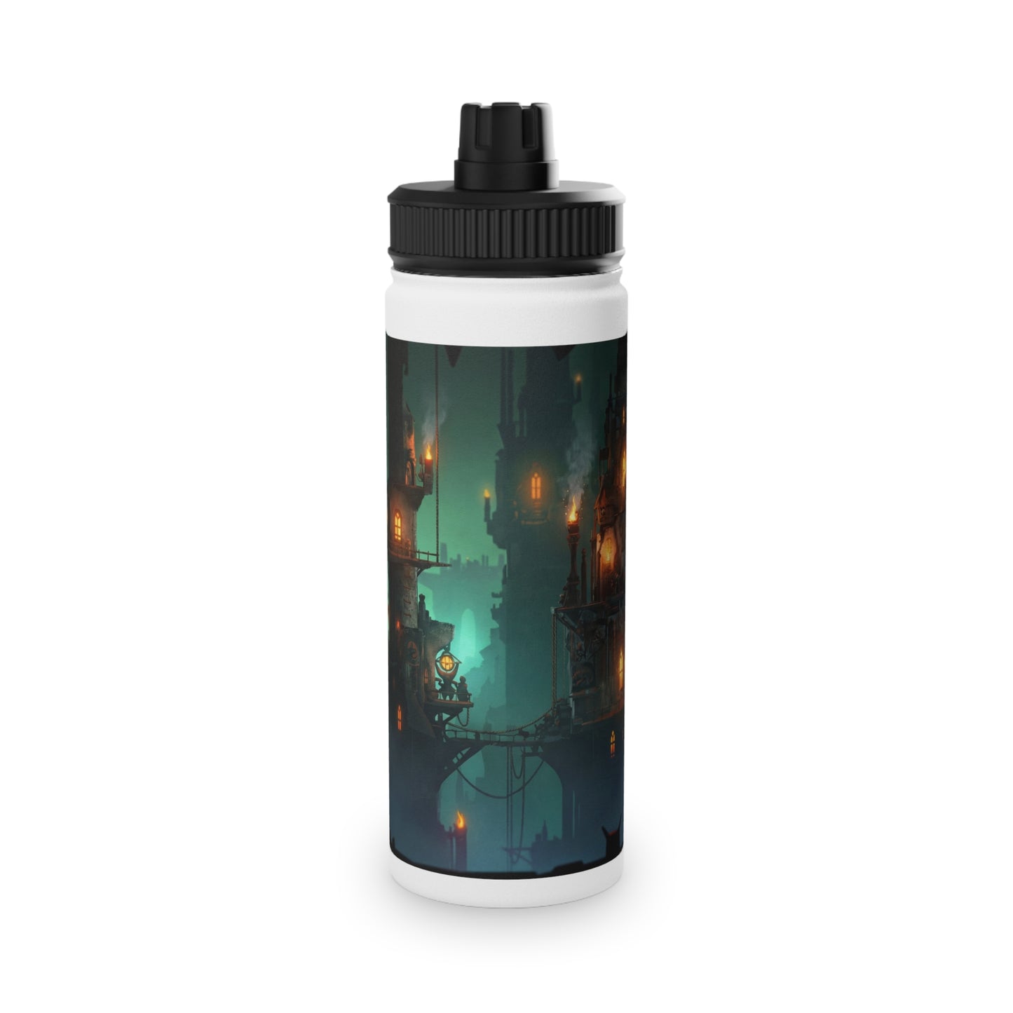 Floating City at Dusk Stainless Steel Water Bottle, Sports Lid – Amber Lanterns Over Misty Skyline