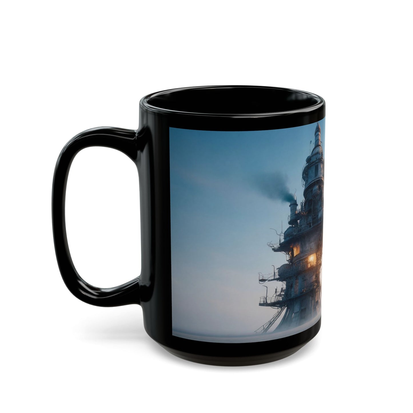 Skyward Steam Tower Black Mug – Dawn’s Industrial Reverie