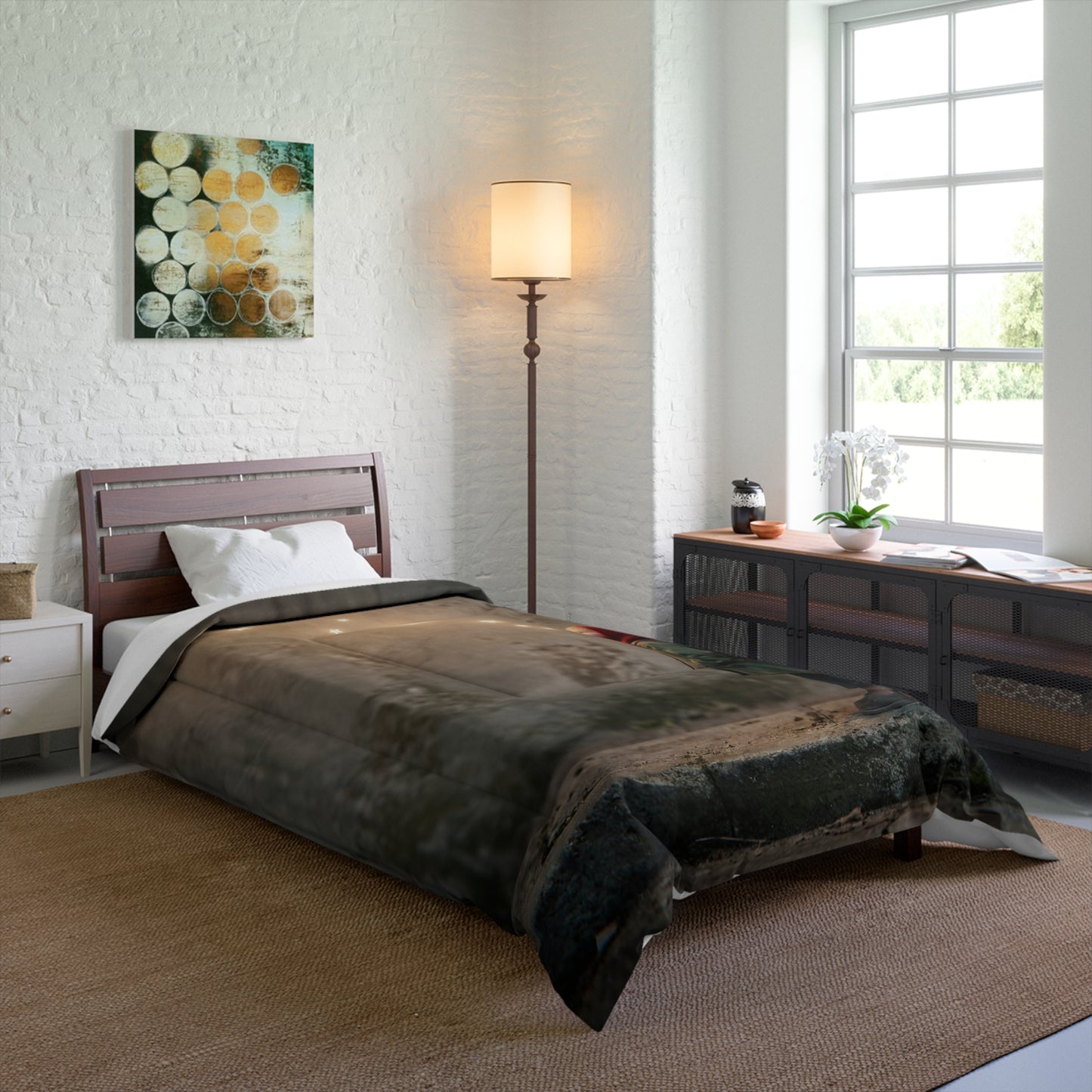 Child Gazing at Star Constellation Comforter – Warm Glow Against Urban Walls