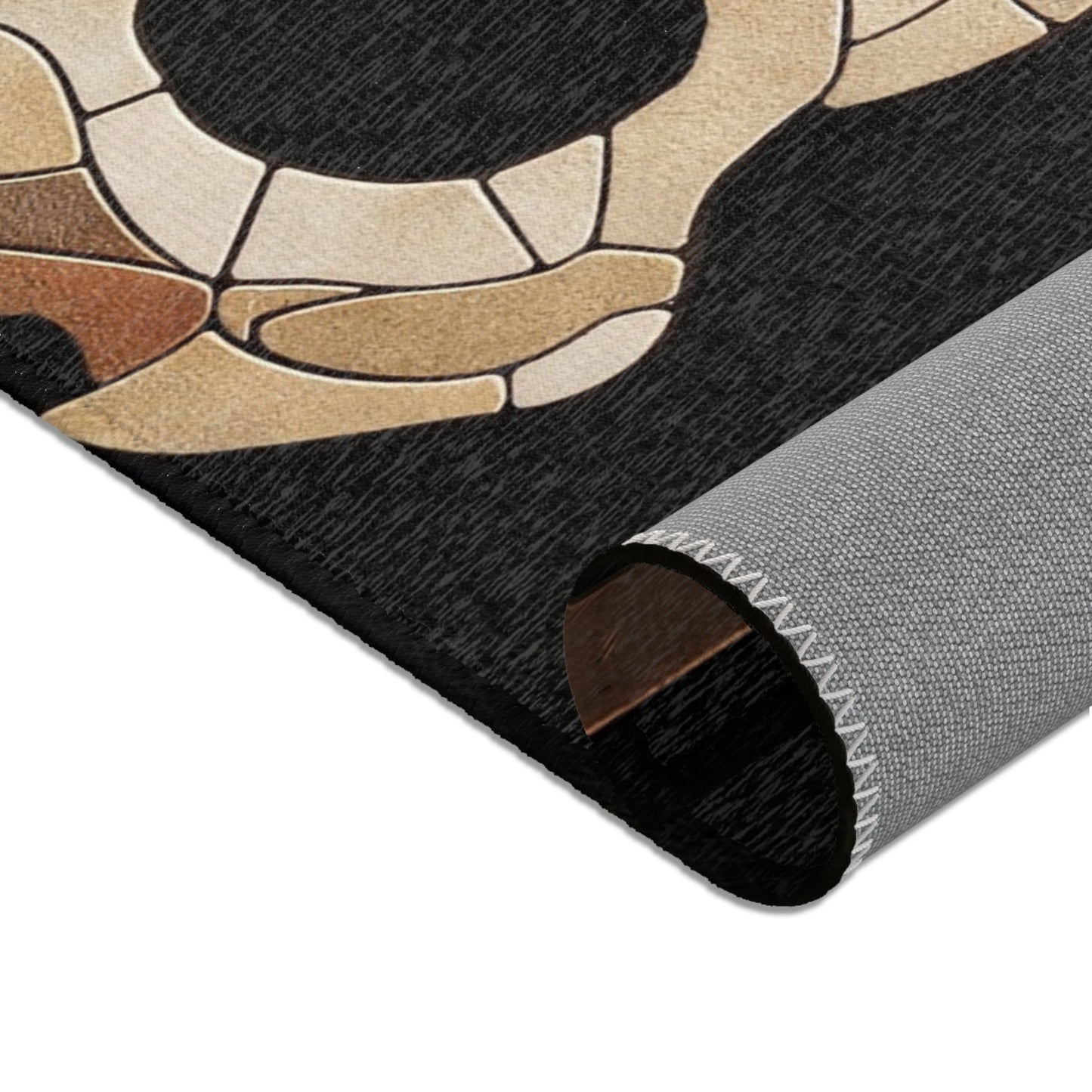 Mosaic Rabbit Skull Area Rug – Warm Earth Tones Against Deep Black