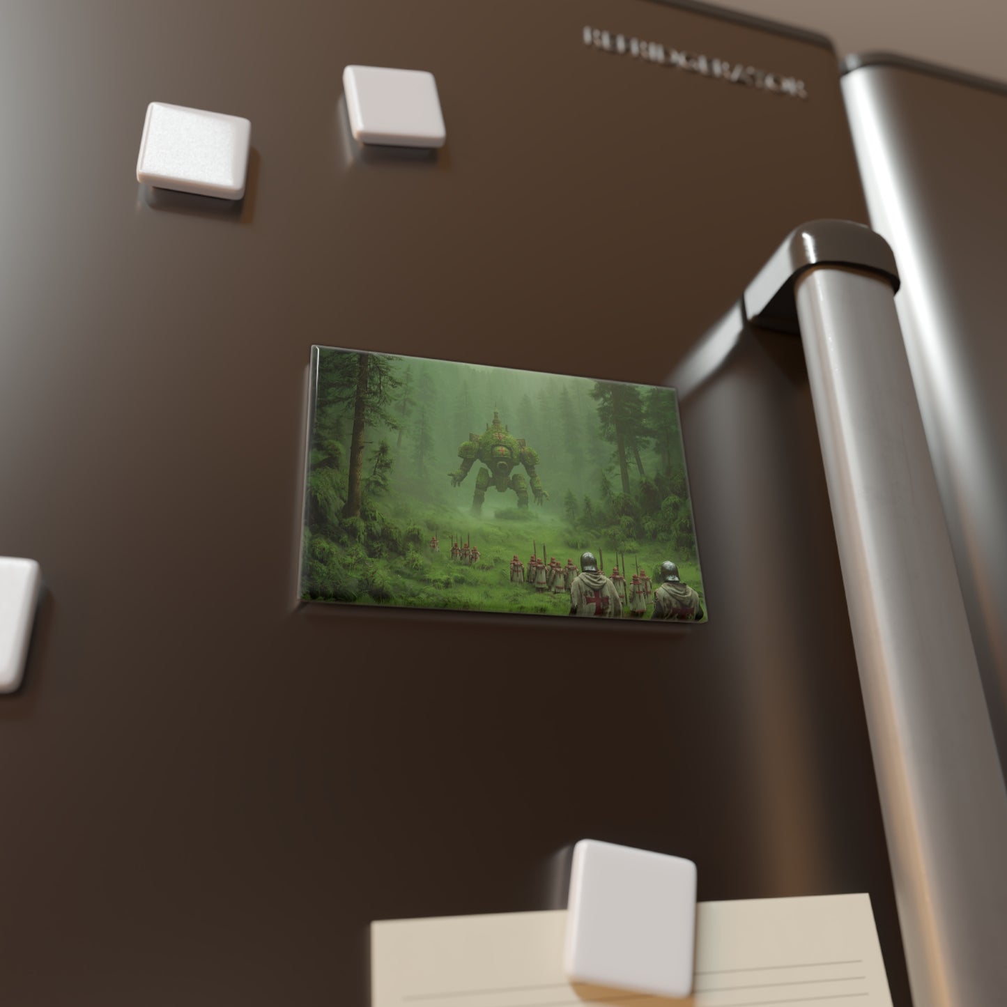 Moss-Covered War Machine Button Magnet, Rectangle (1 & 10 pcs) – Forest’s Silent Sentinel