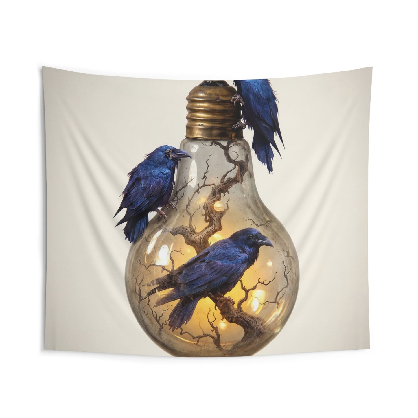 Ravens in the Glow Bulb Indoor Wall Tapestries – Midnight Wisdom Luminescence