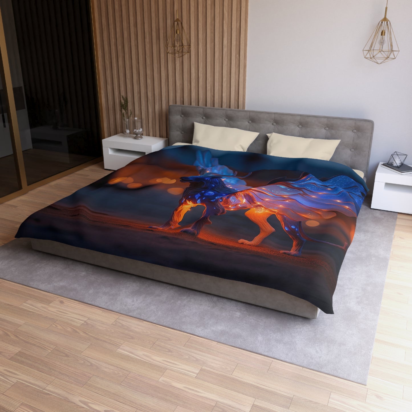 Celestial Lion With Wings Microfiber Duvet Cover – Twilight Guardian Dreamscape
