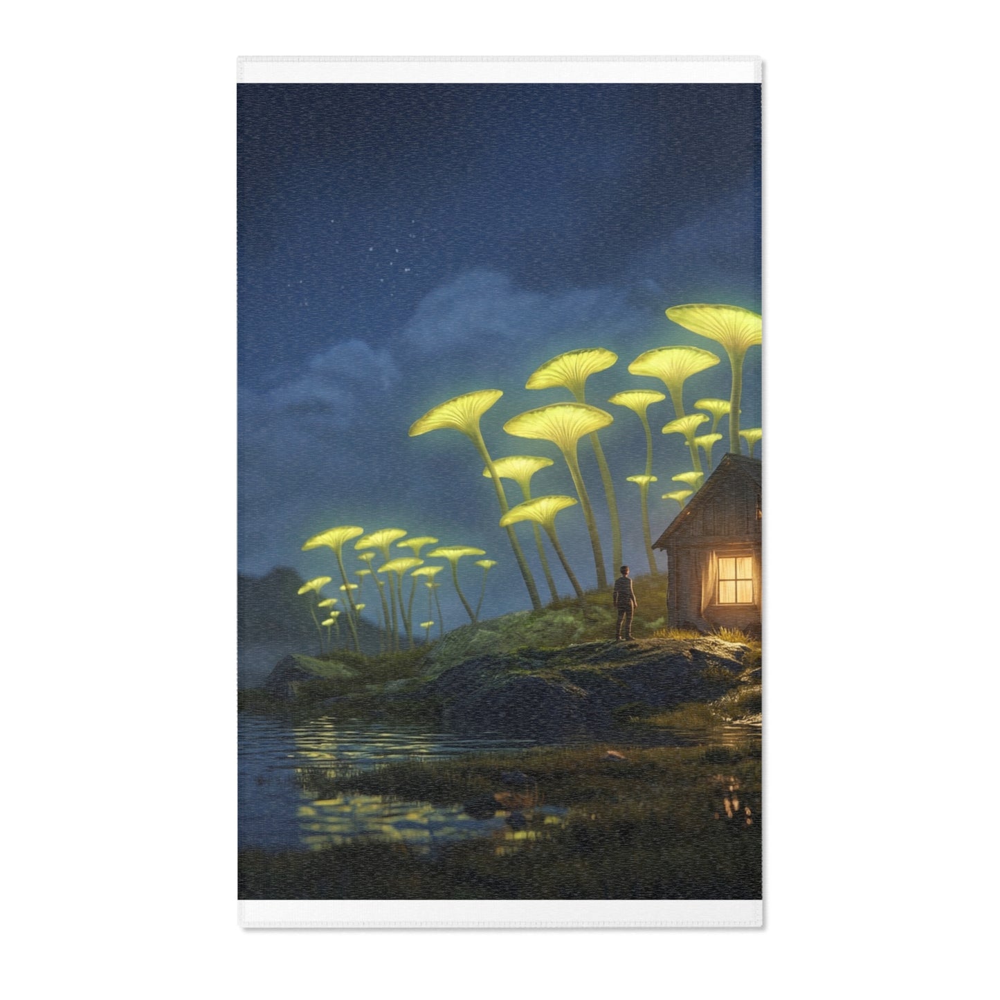 Luminescent Mushroom Cottage Rug – Twilight Haven by the Lake