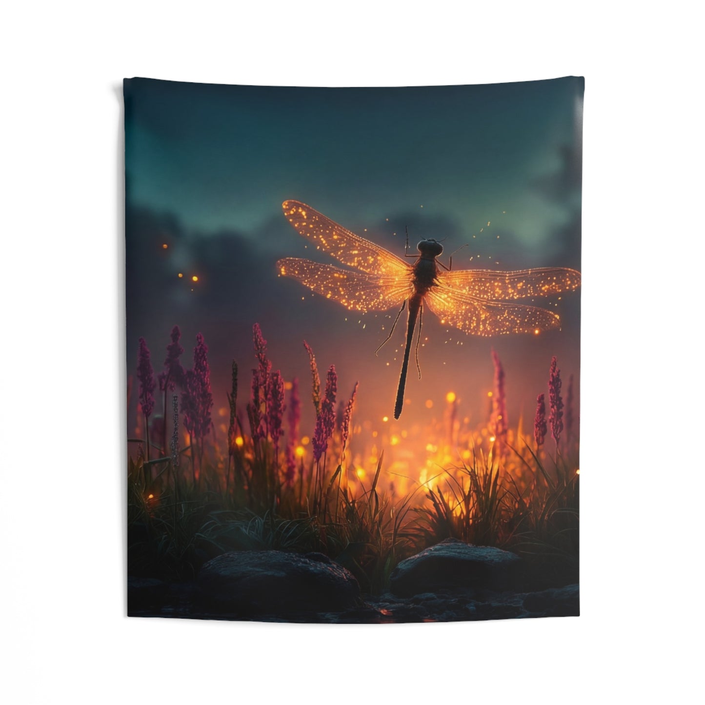 Glowing Dragonfly Indoor Wall Tapestries – Twilight Firefly Serenade