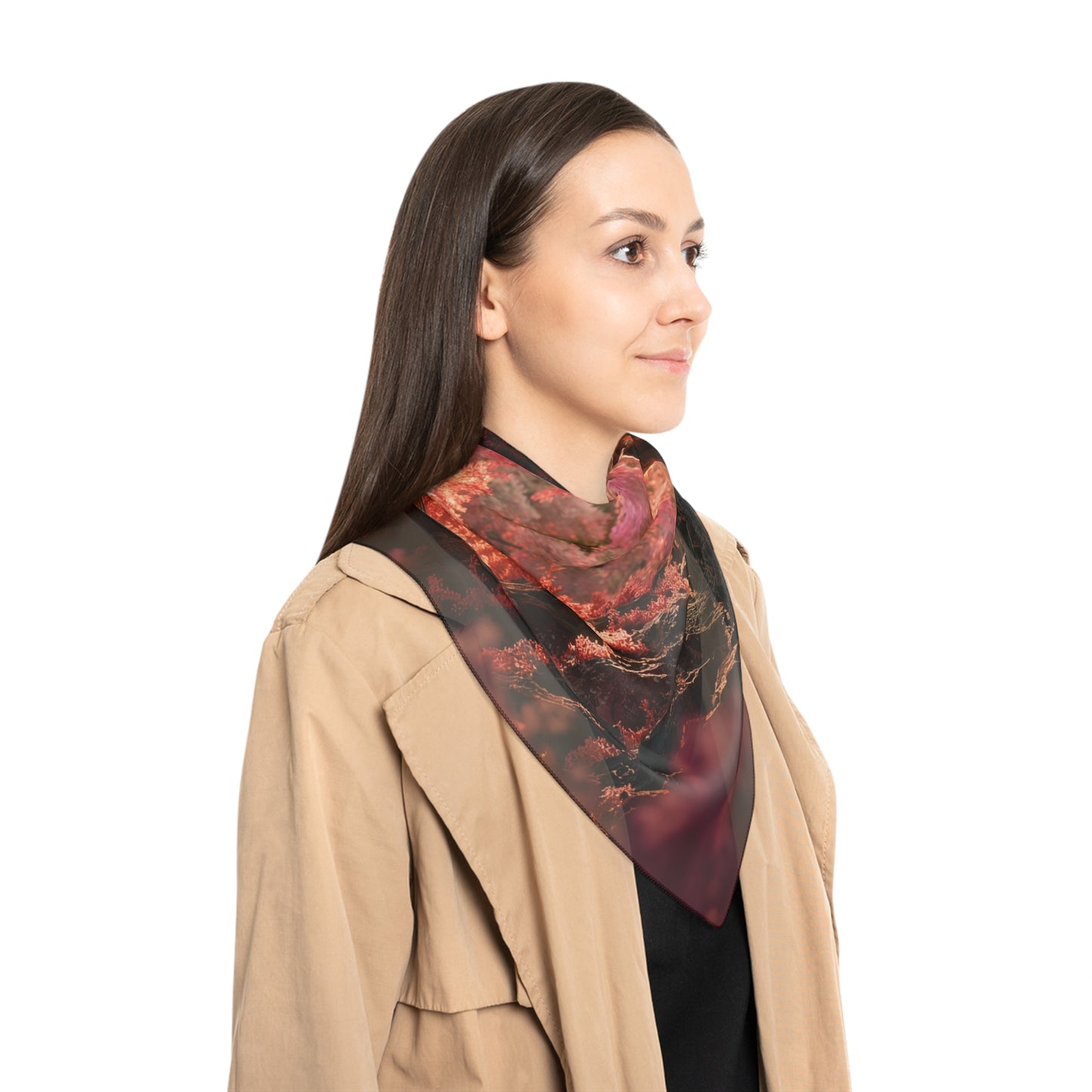 Crimson Canopy Poly Scarf – Whispering Love in the Heartwood Grove