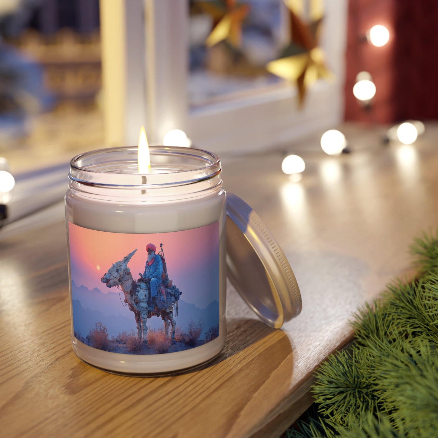 Cyber Donkey Rider Scented Soy Candles with White Lid, 9oz – Sunset Sentinel of the Dusty Peaks