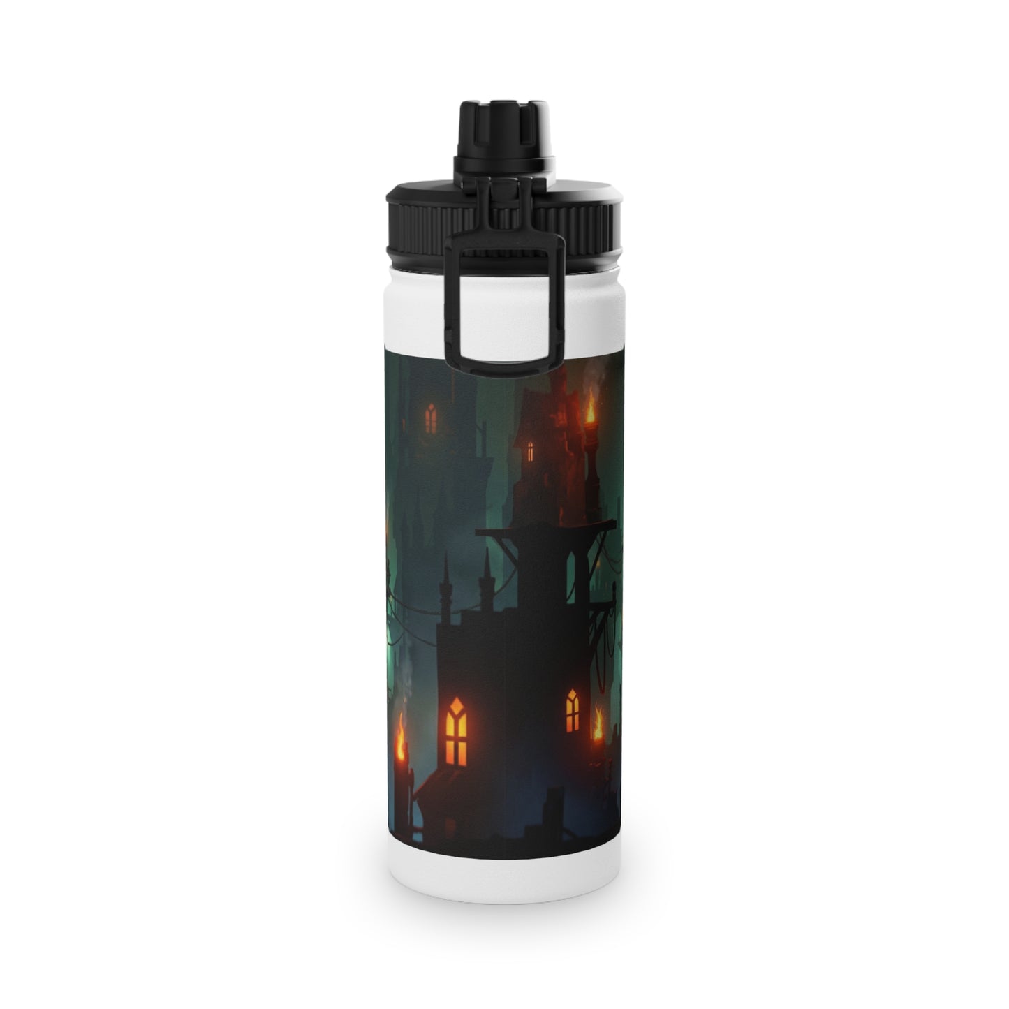 Floating City at Dusk Stainless Steel Water Bottle, Sports Lid – Amber Lights in the Mist