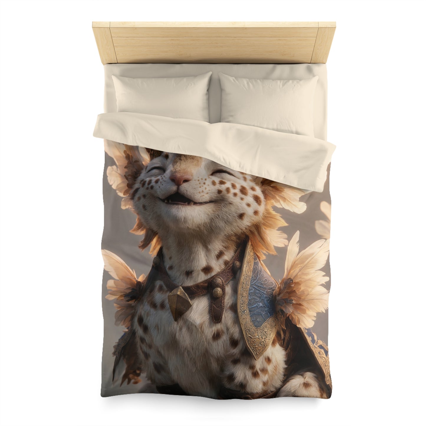 Regal Feline Sentinel Microfiber Duvet Cover – Sunlit Crown of Feathers