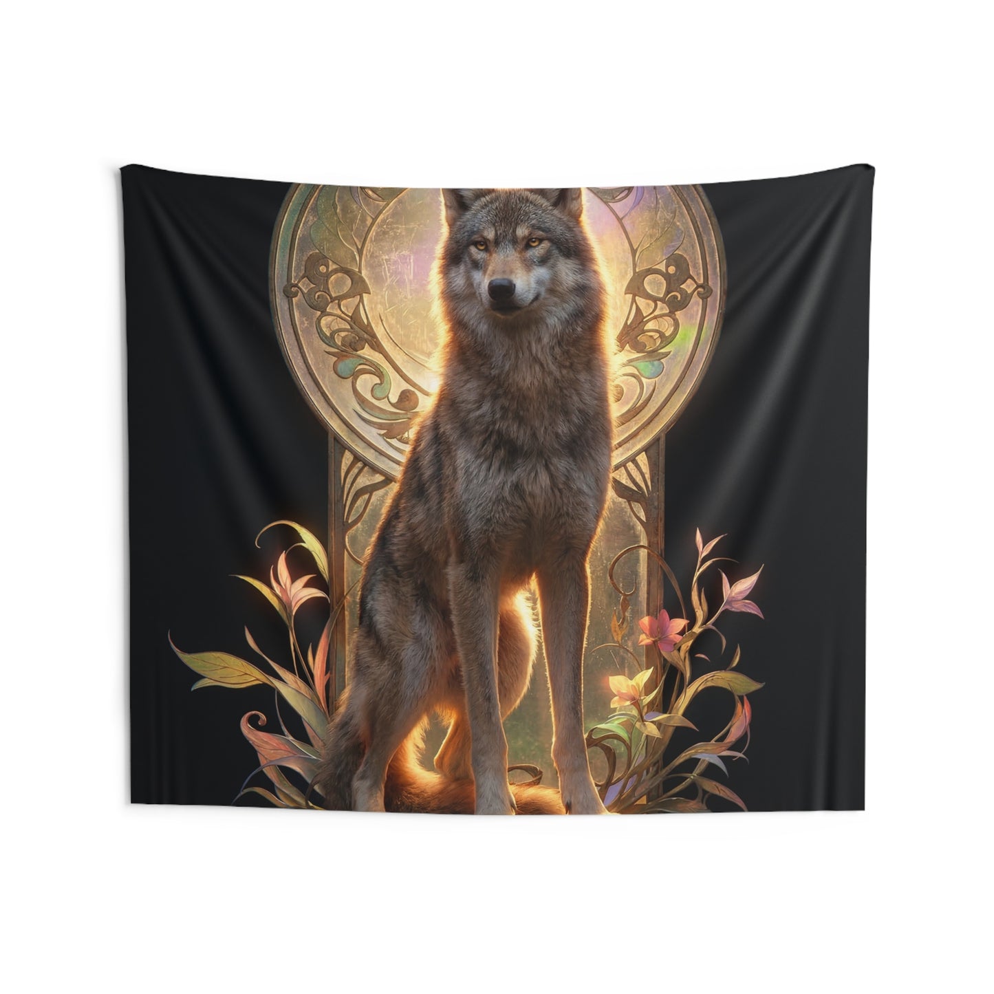 Regal Wolf Throne Tapestry – Golden Light and Art Nouveau Grace