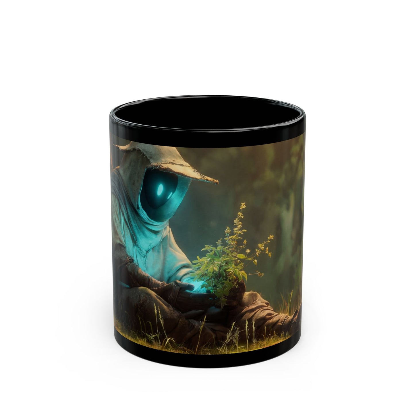 Forest Sentinel Black Mug – Glowing Eye Guardian in Twilight Grove