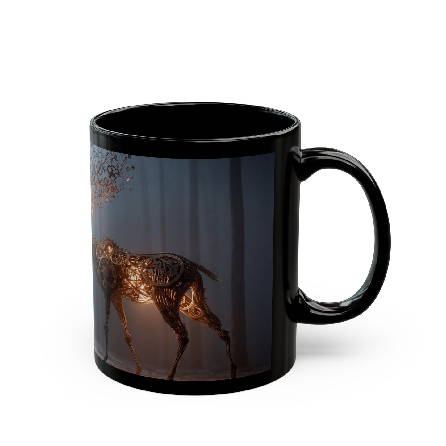 Clockwork Stag Black Mug – Luminescent Forest Mechanism