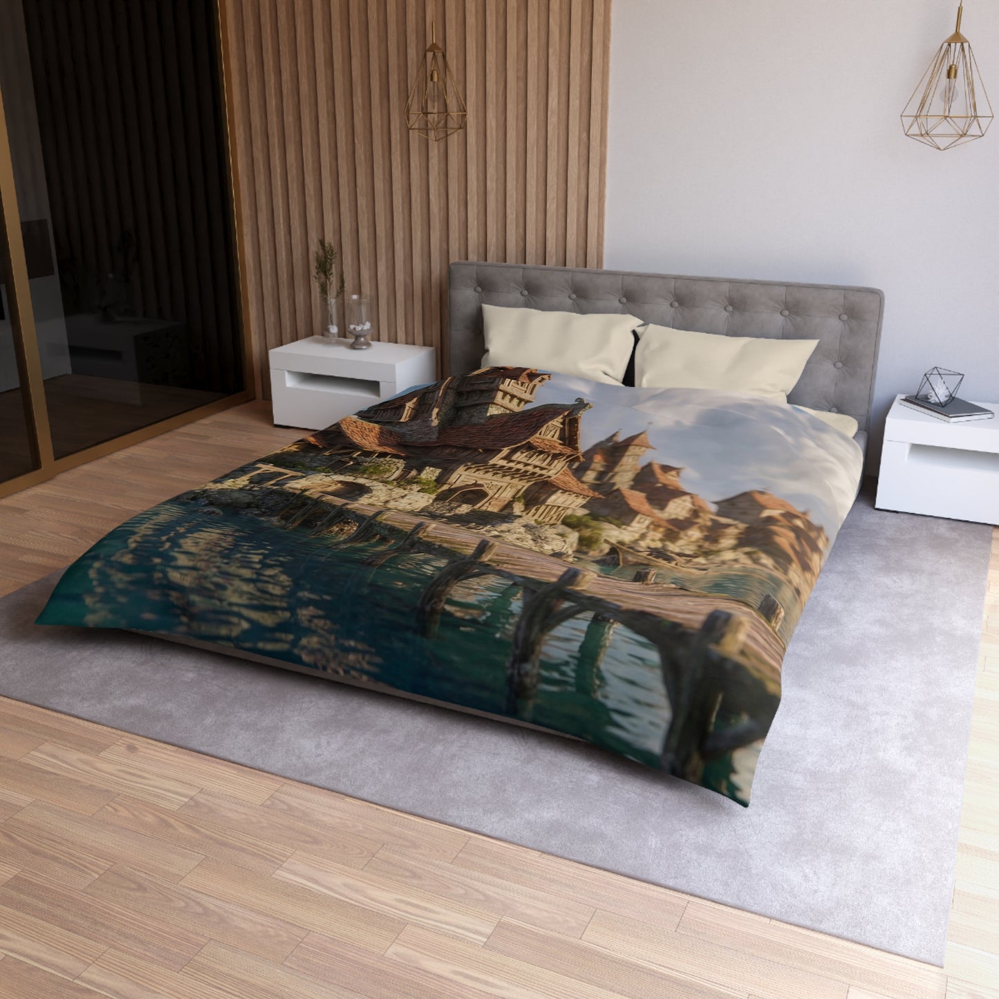 Seafarer’s Haven Microfiber Duvet Cover – Sunlit Harbor Dreamscape