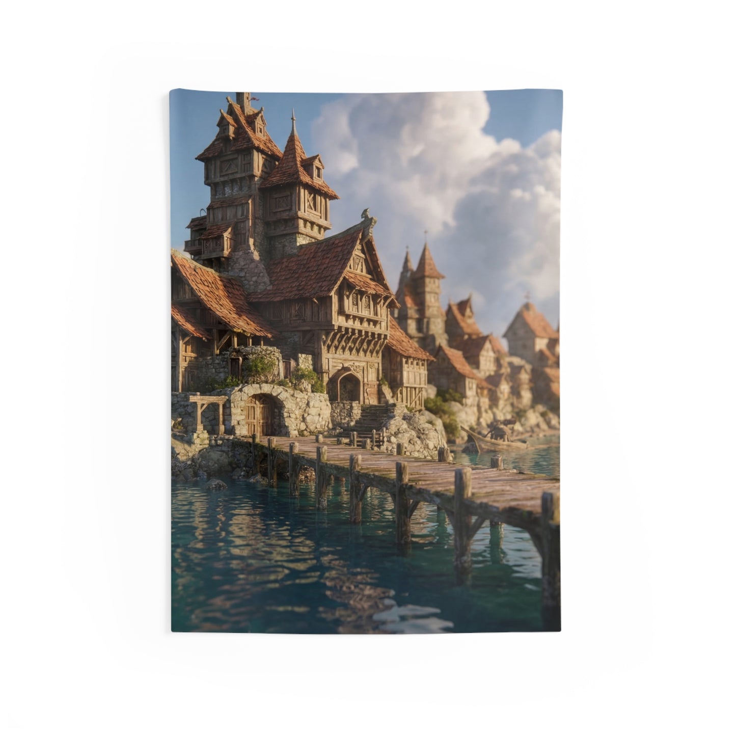 Coastal Viking Village Wall Tapestry – Sunlit Harbor Whispers