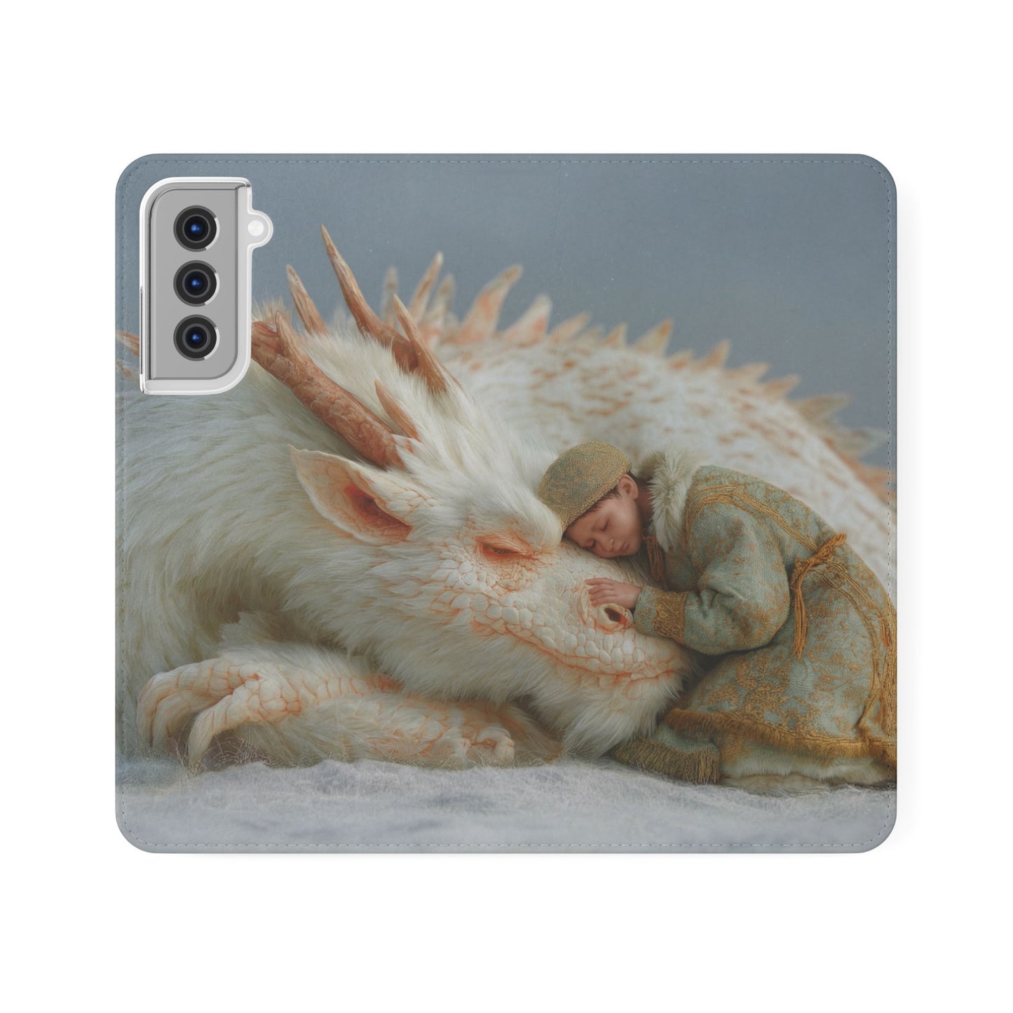 Sleeping Child and Dragon Flip Cases – Snowy Guardian Embrace