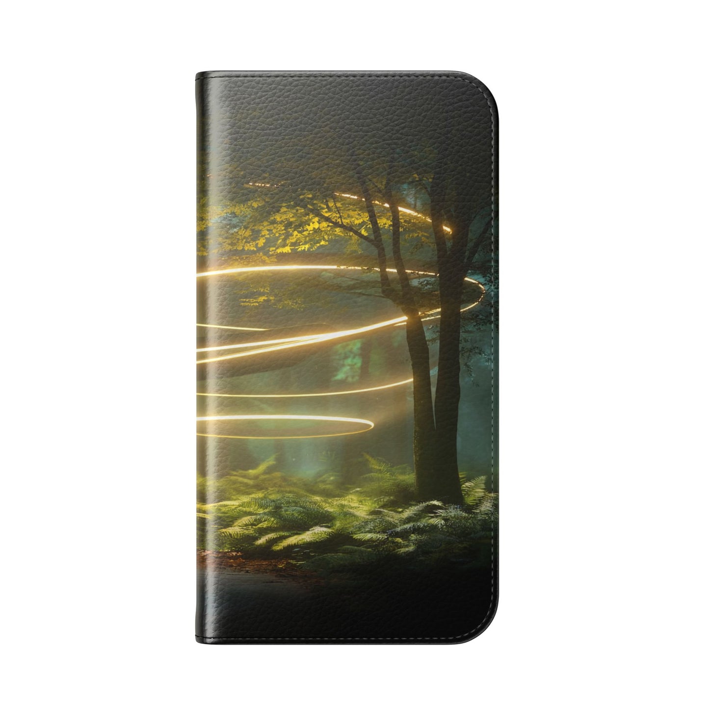 Luminous Spiral Forest Flip Cases – Golden Light Rings Mystery Scene