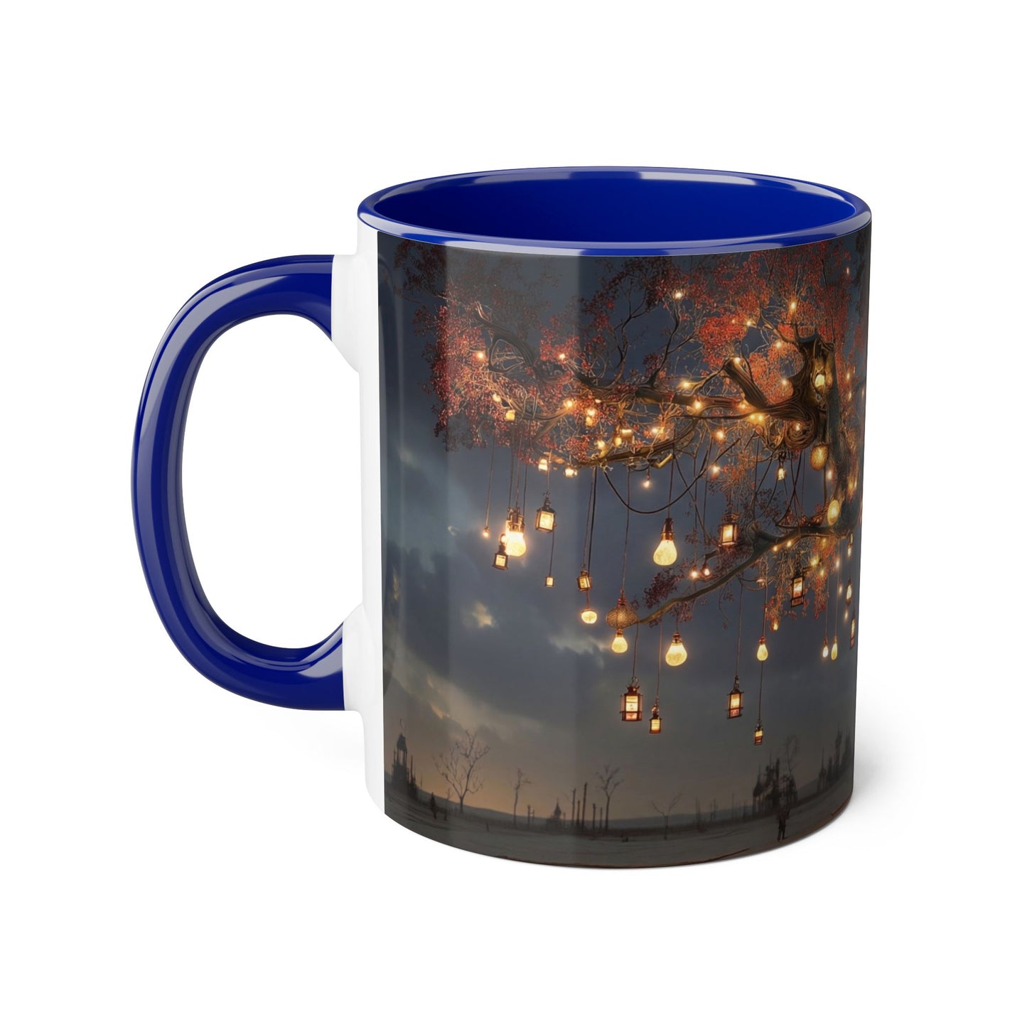 Lantern-Heavy Tree Accent Mugs, 11oz – Amber Glow Over Blue-Glowing Roots