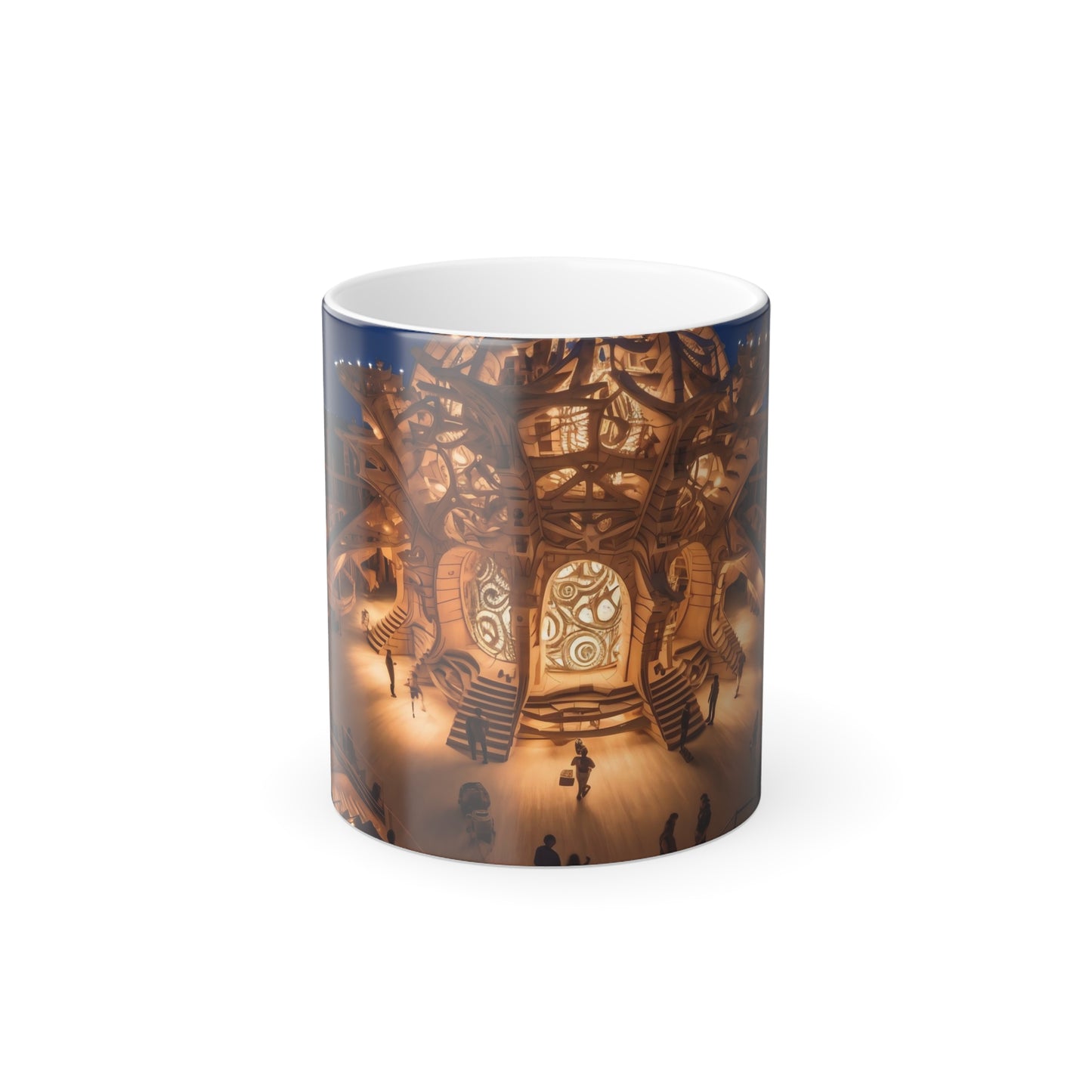 A colossal wooden and metal structure resembling a labyrinth at the Burning Man festival,  -  Color Morphing Mug, 11oz