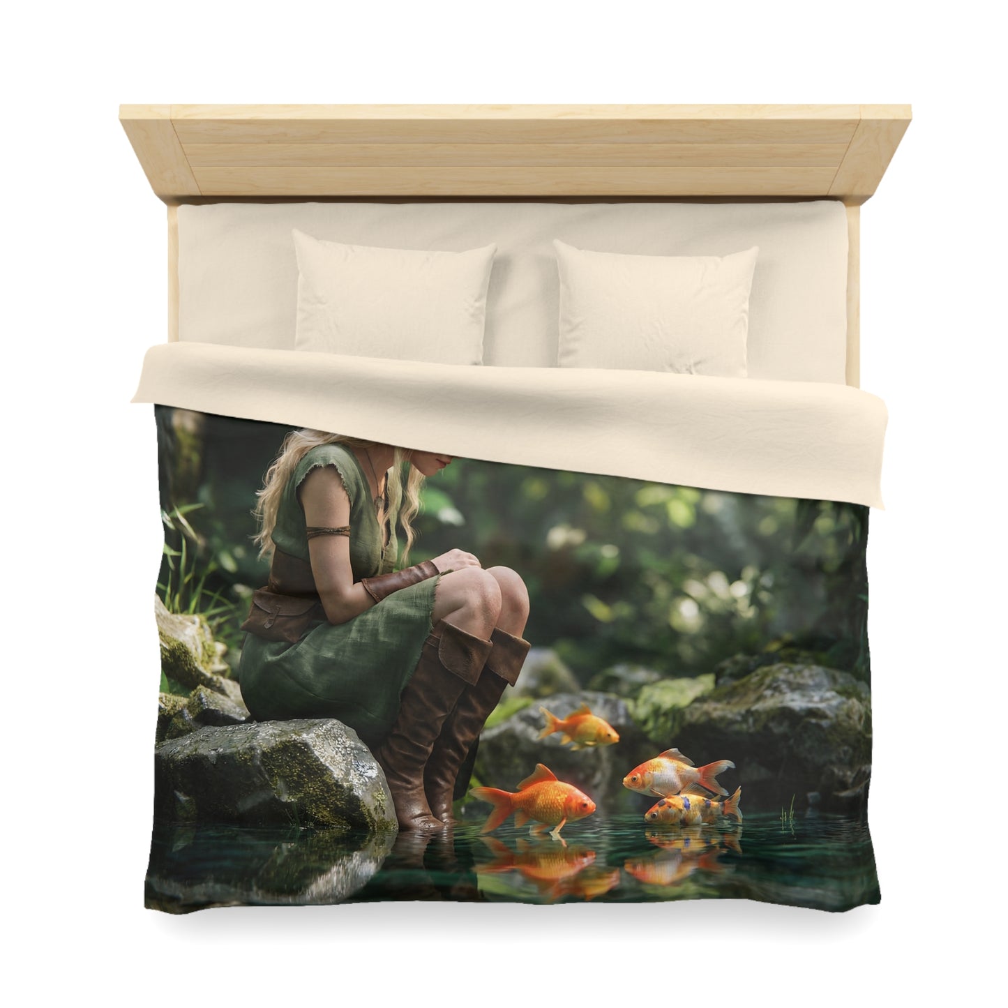 Elven Water Guardian Microfiber Duvet Cover – Whispering Ponds and Golden Dreams