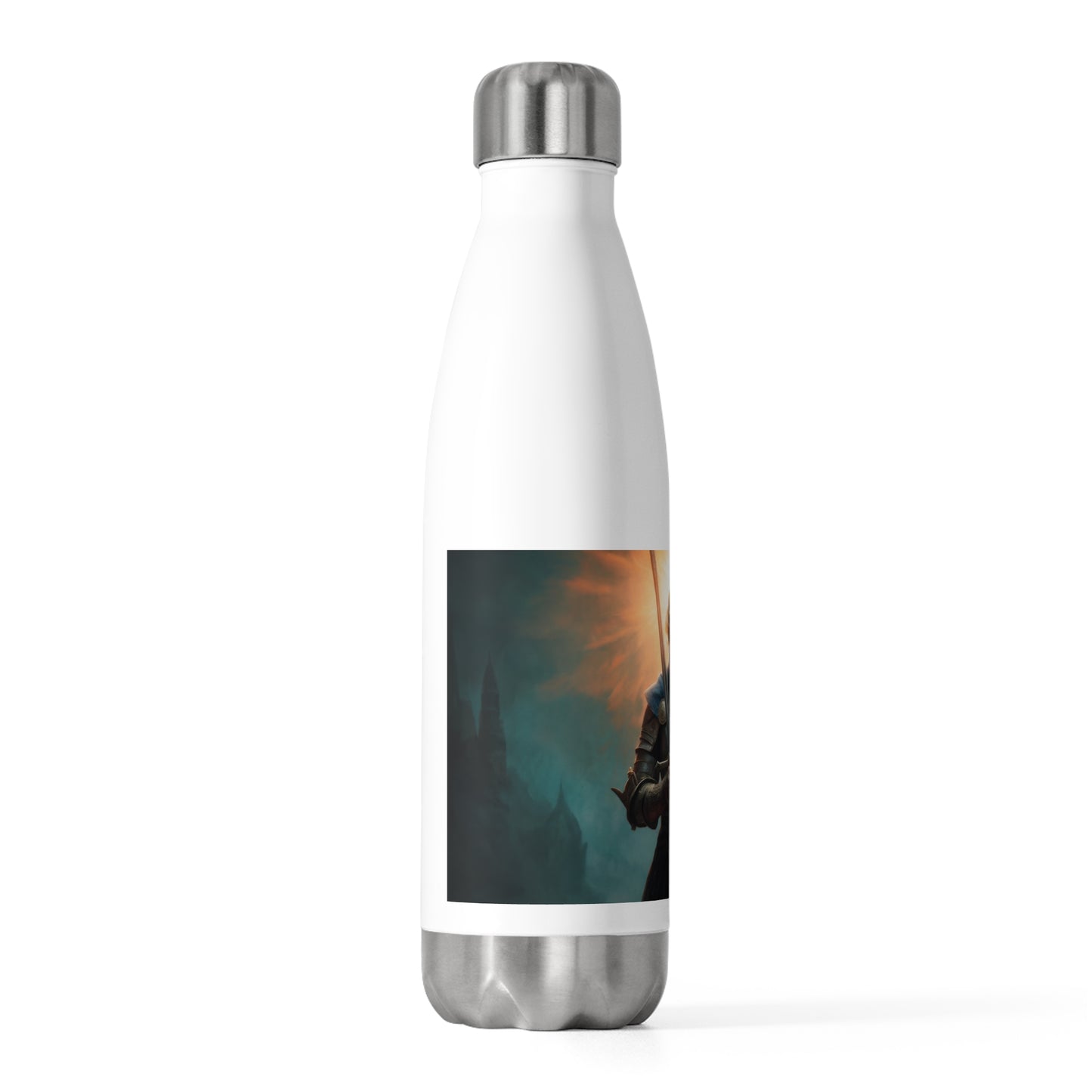 Dawn-Bringer Knight 20oz Insulated Bottle – Sunlit Resolve on a Misty Battlefield
