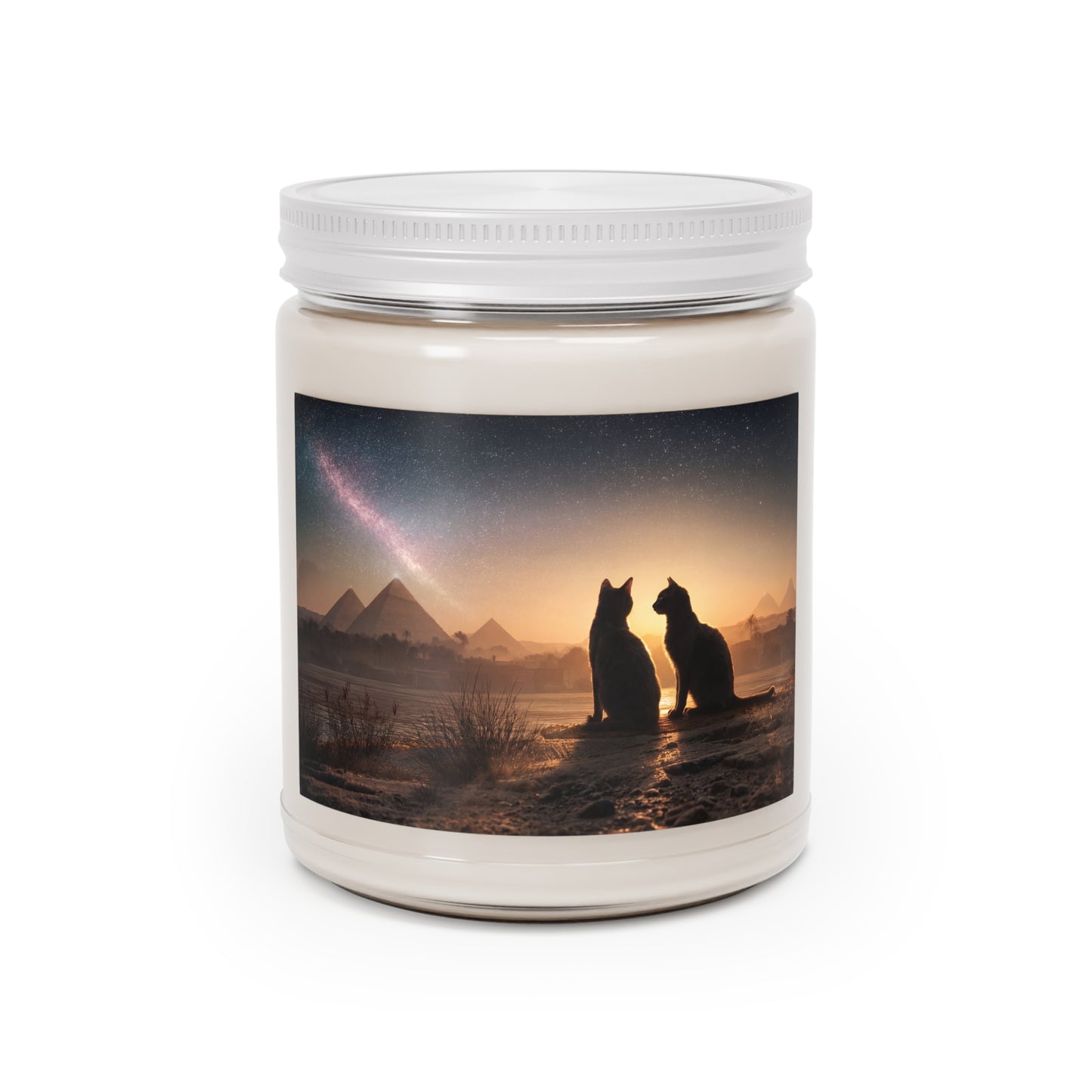 Star-Struck Feline Scented Soy Candles with White Lid, 9oz – Pyramids Under Milky Way Glow