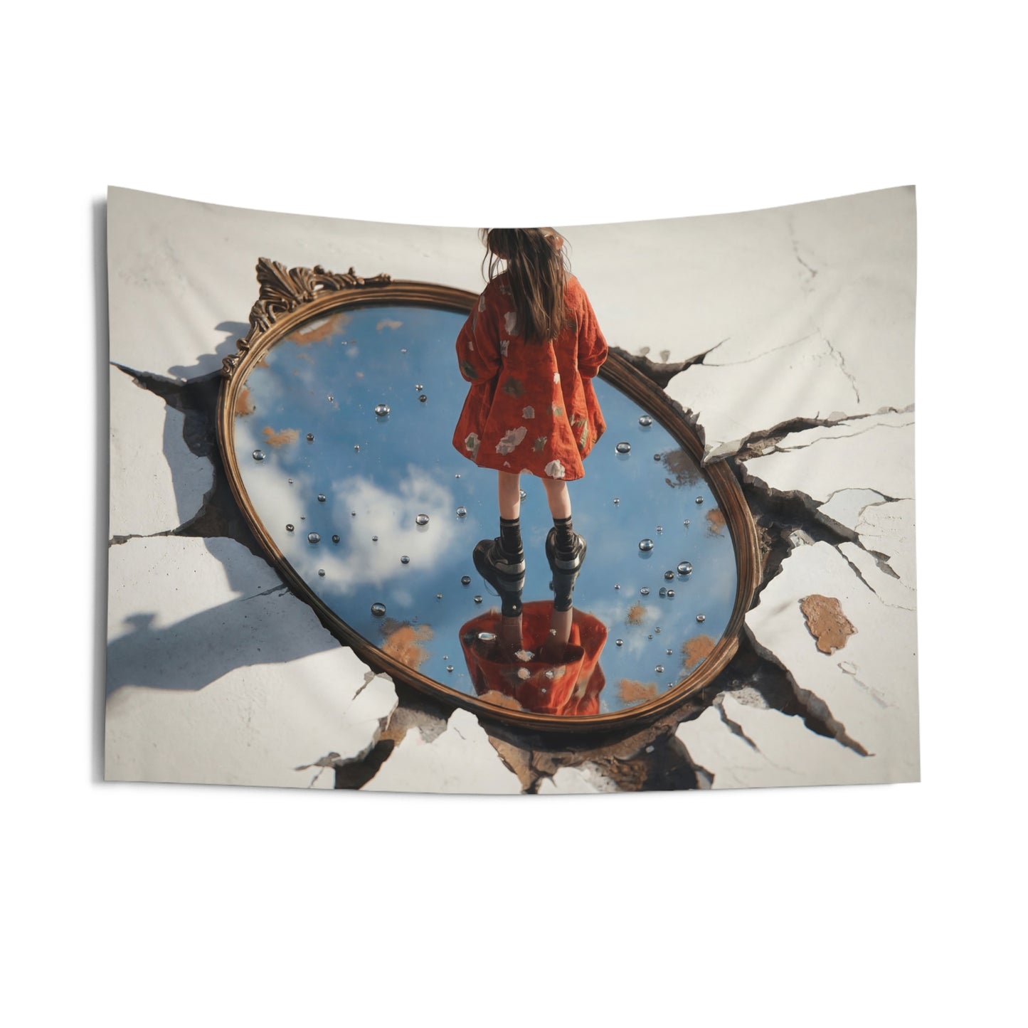 Girl Standing in Mirror Portal Tapestry – Sunlit Sky Reflections