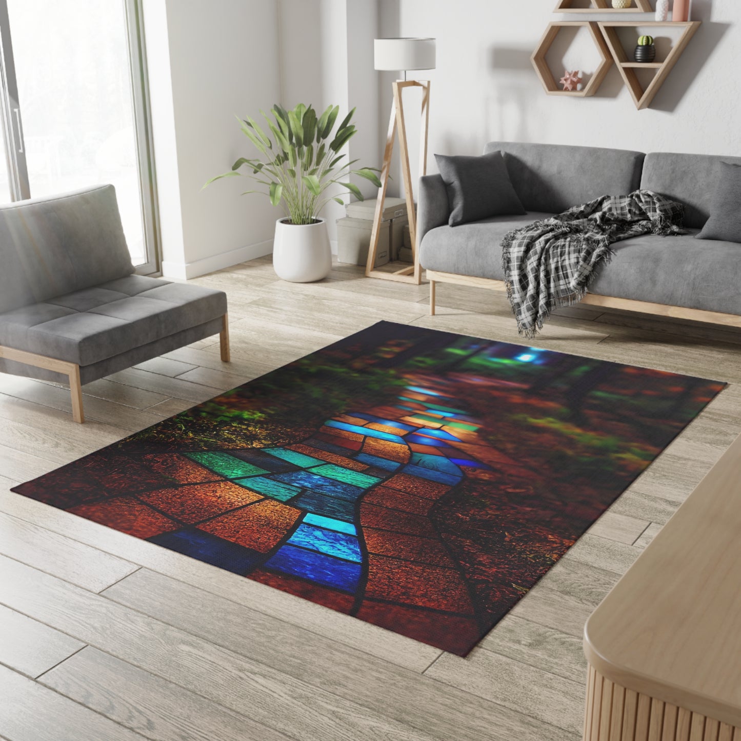 a path paved with stained glass winding through the forest. The path is made of beautiful brightly colored blue green red bronze luminous glass, high quality photograph - Dobby Rug