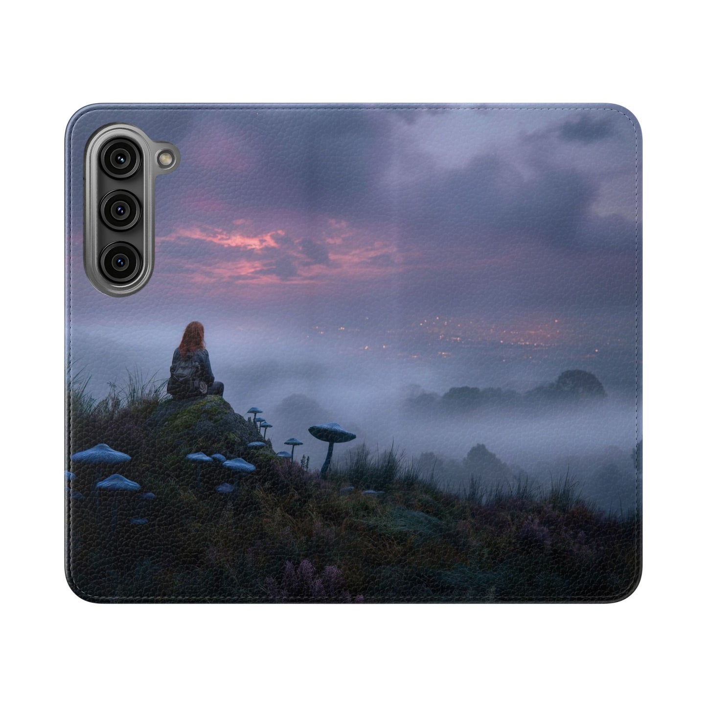 Misty Hilltop Flip Cases – Red-Haired Wanderer at Twilight